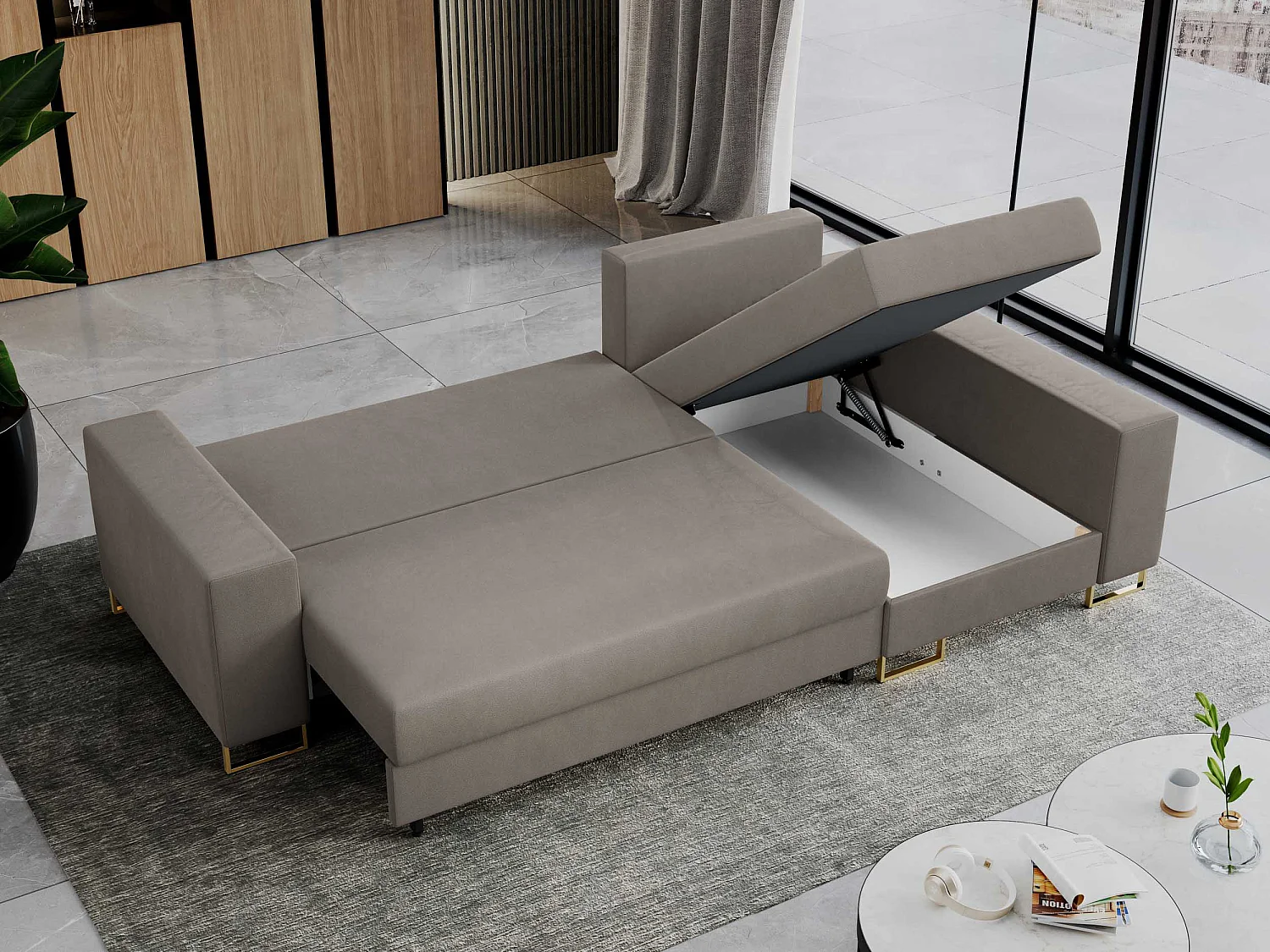 Ecksofa DORIAN - schlaffunktion und Bettkasten, lose Kissen - Hellbraun Velvet