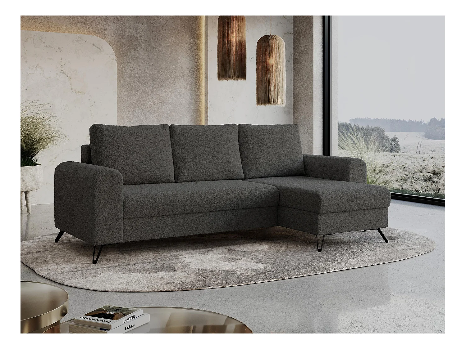 Ecksofa HUGO - L-Form mit Schlaffunktion, lose Kissen - Dunkelgrau Boucle