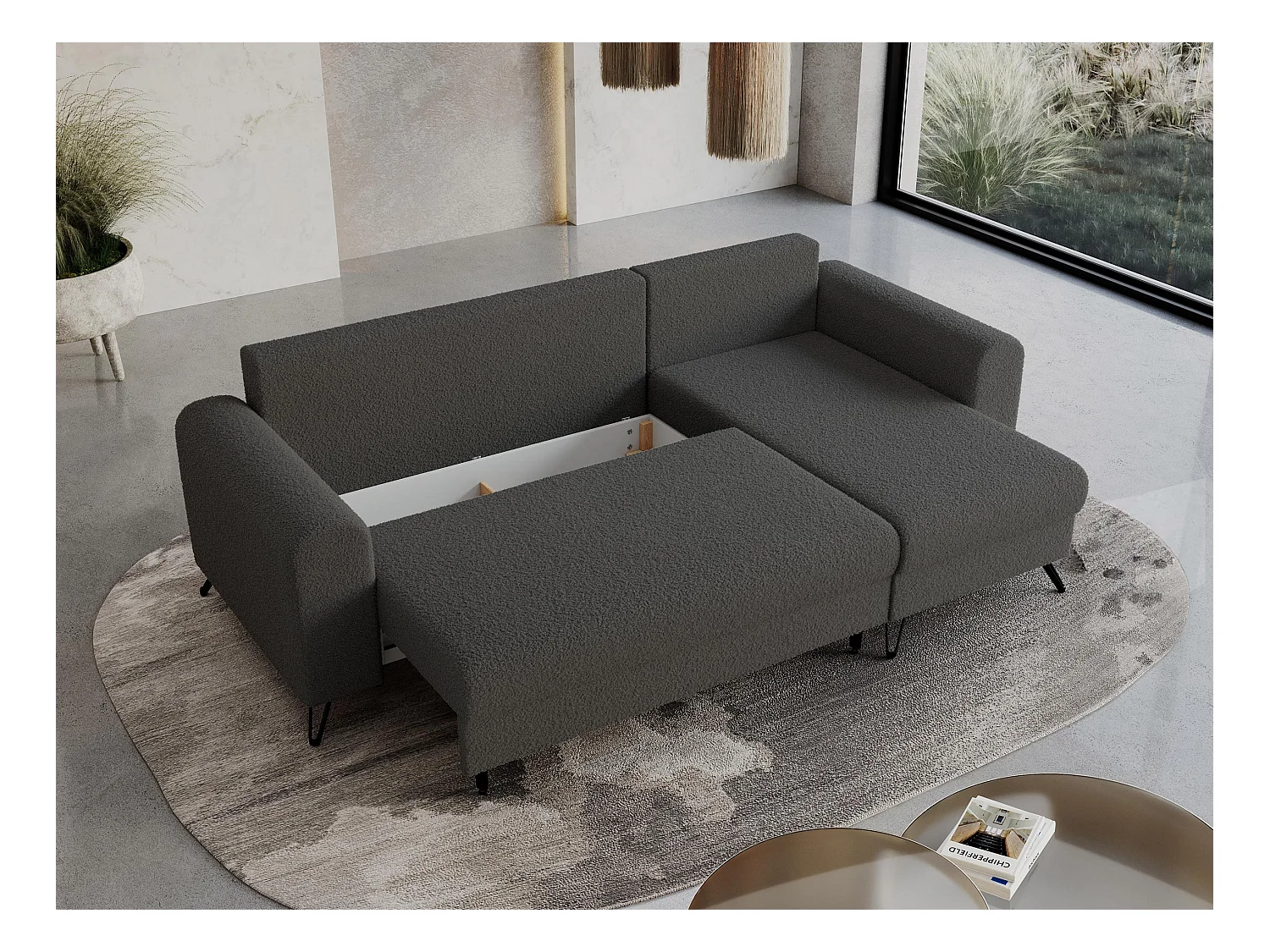 Ecksofa HUGO - L-Form mit Schlaffunktion, lose Kissen - Dunkelgrau Boucle