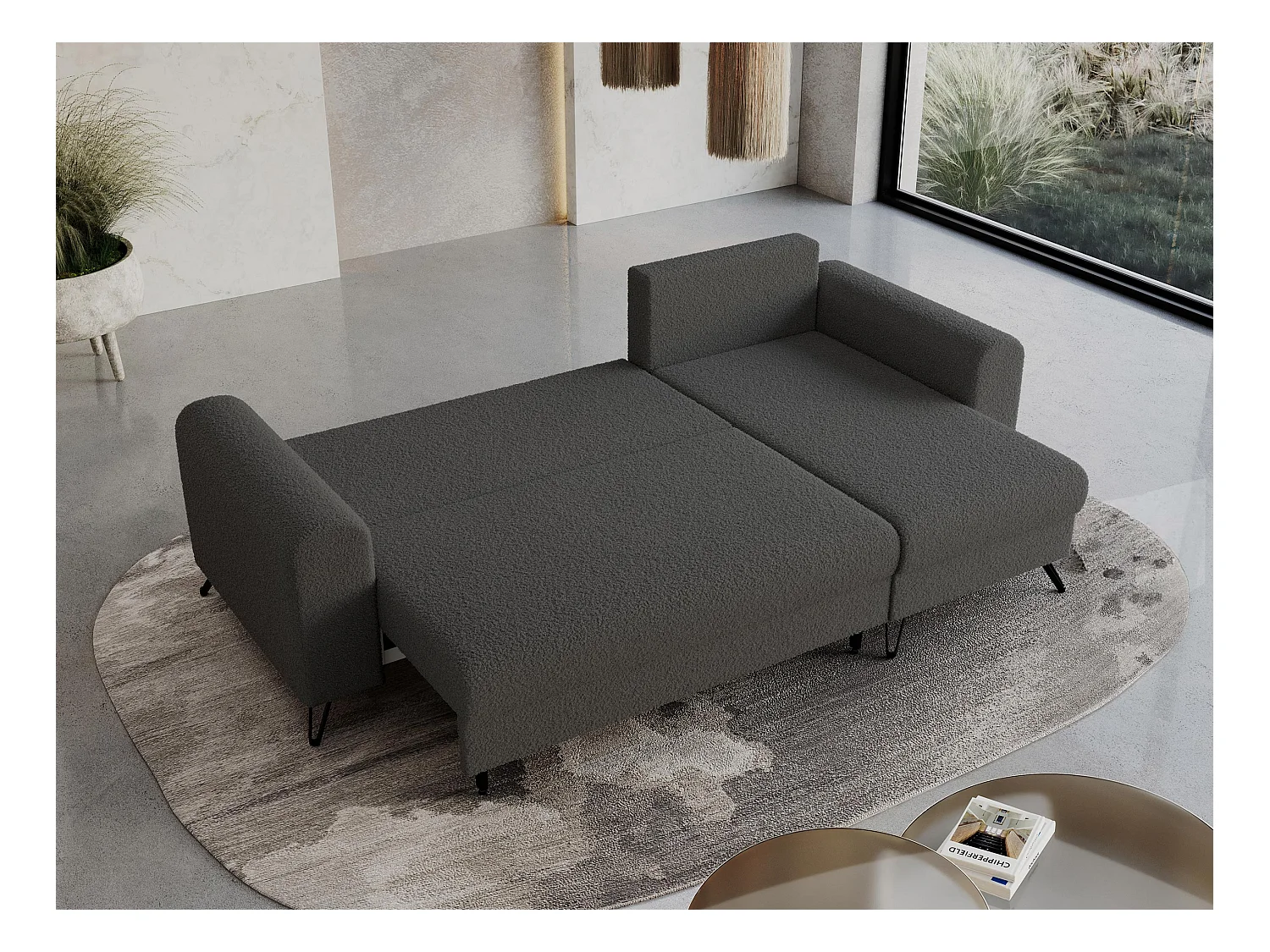 Ecksofa HUGO - L-Form mit Schlaffunktion, lose Kissen - Dunkelgrau Boucle