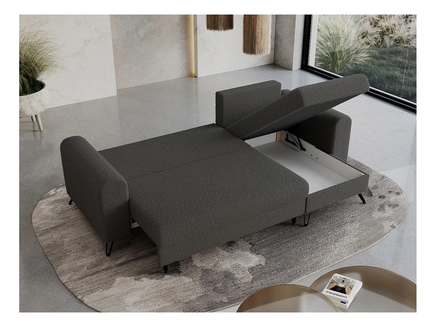 Ecksofa HUGO - L-Form mit Schlaffunktion, lose Kissen - Dunkelgrau Boucle