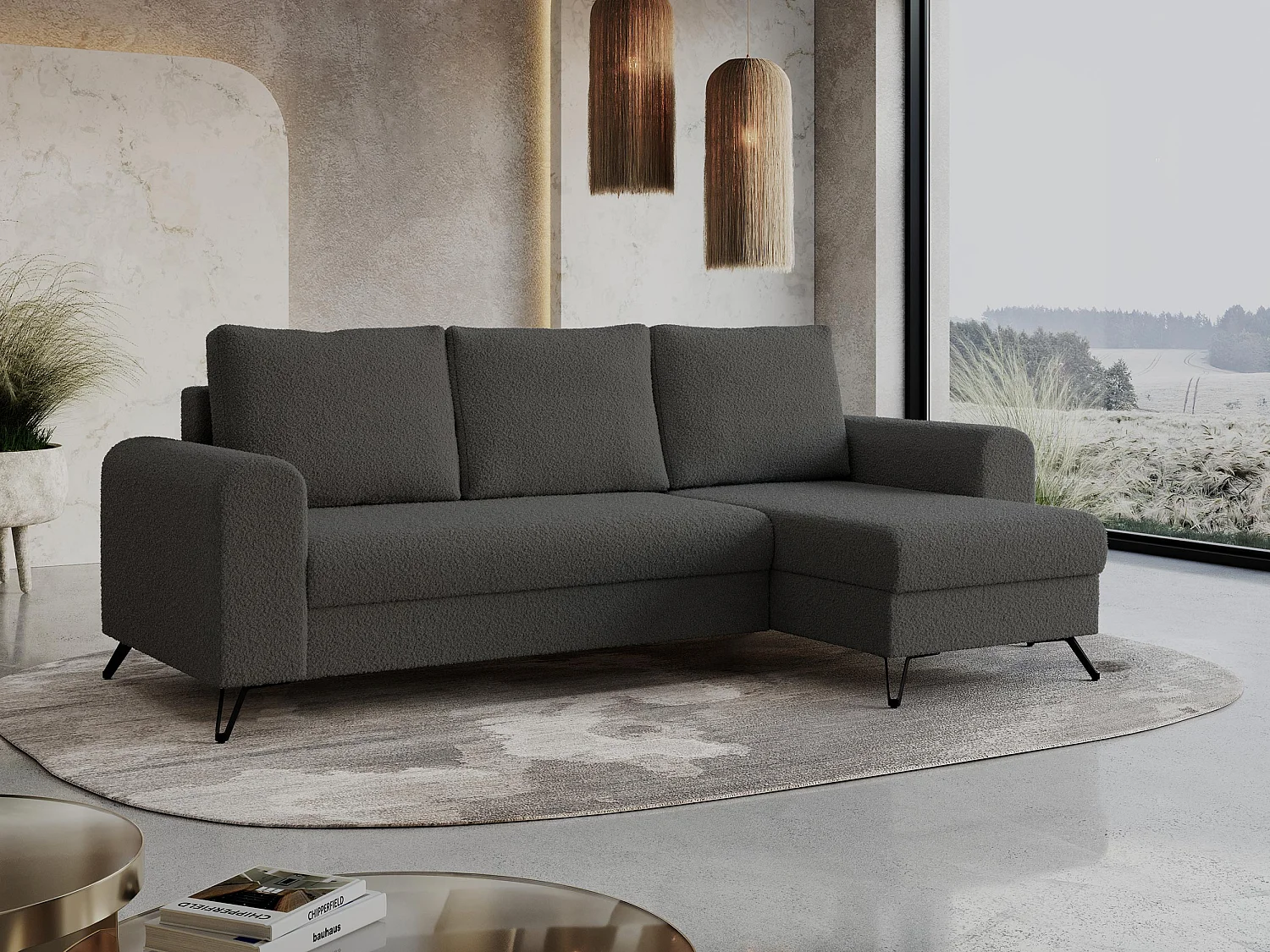 Ecksofa HUGO - L-Form mit Schlaffunktion, lose Kissen - Dunkelgrau Boucle