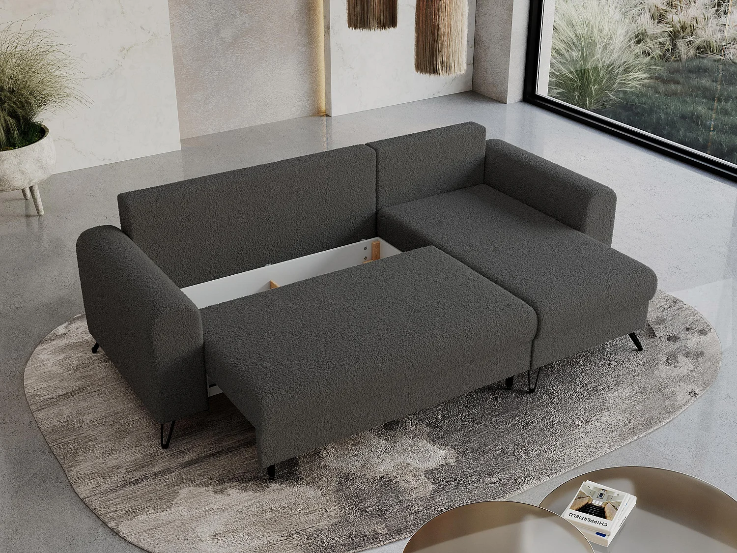 Ecksofa HUGO - L-Form mit Schlaffunktion, lose Kissen - Dunkelgrau Boucle