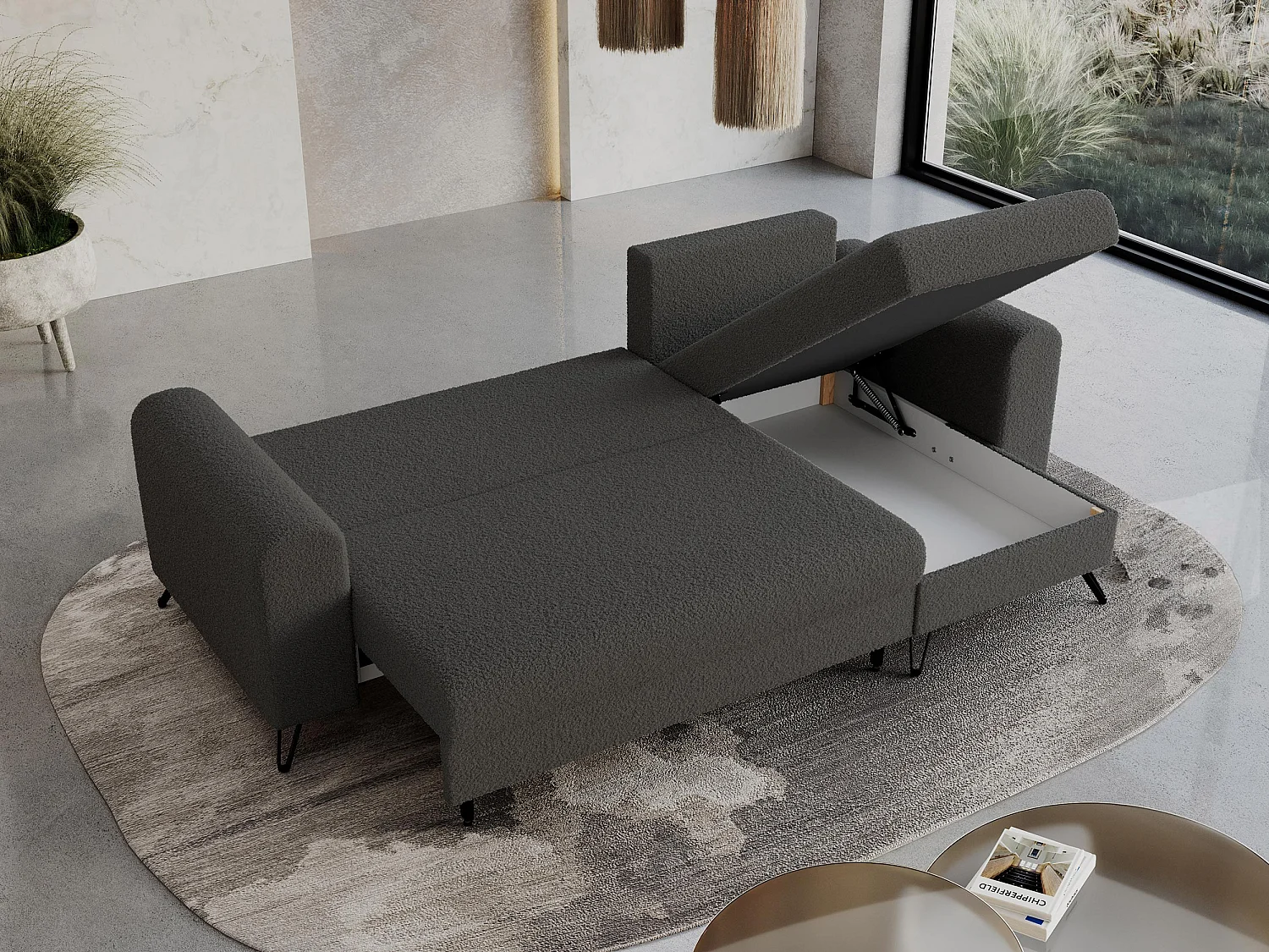 Ecksofa HUGO - L-Form mit Schlaffunktion, lose Kissen - Dunkelgrau Boucle