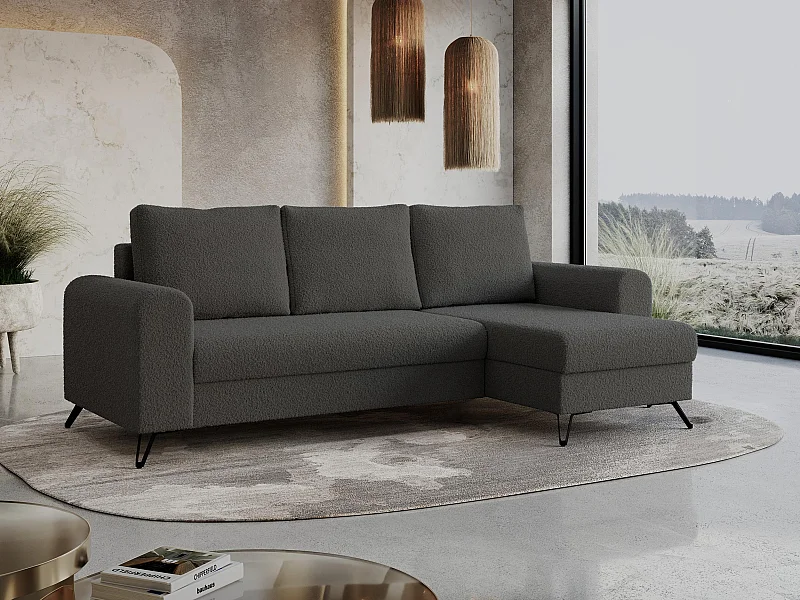 Ecksofa HUGO - L-Form mit Schlaffunktion, lose Kissen - Dunkelgrau Boucle