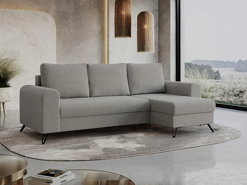 Ecksofa HUGO - L-Form mit Schlaffunktion, lose Kissen - Hellgrau Boucle