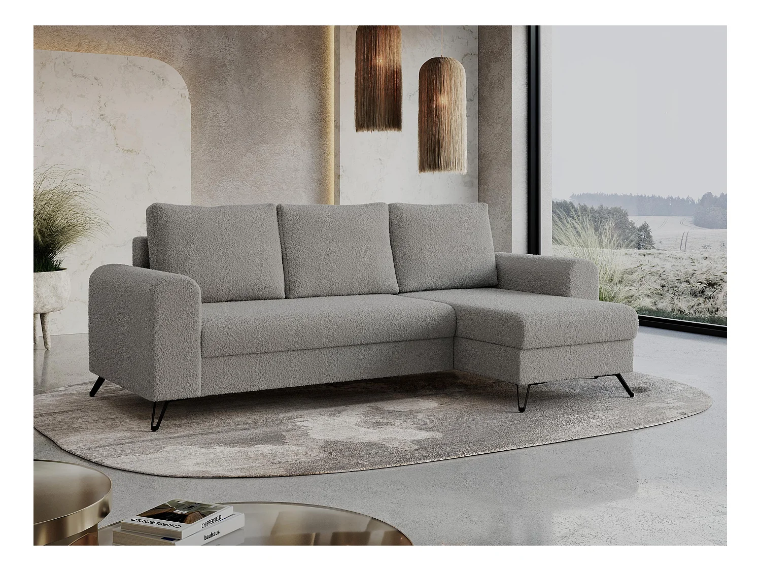 Ecksofa HUGO - L-Form mit Schlaffunktion, lose Kissen - Hellgrau Boucle