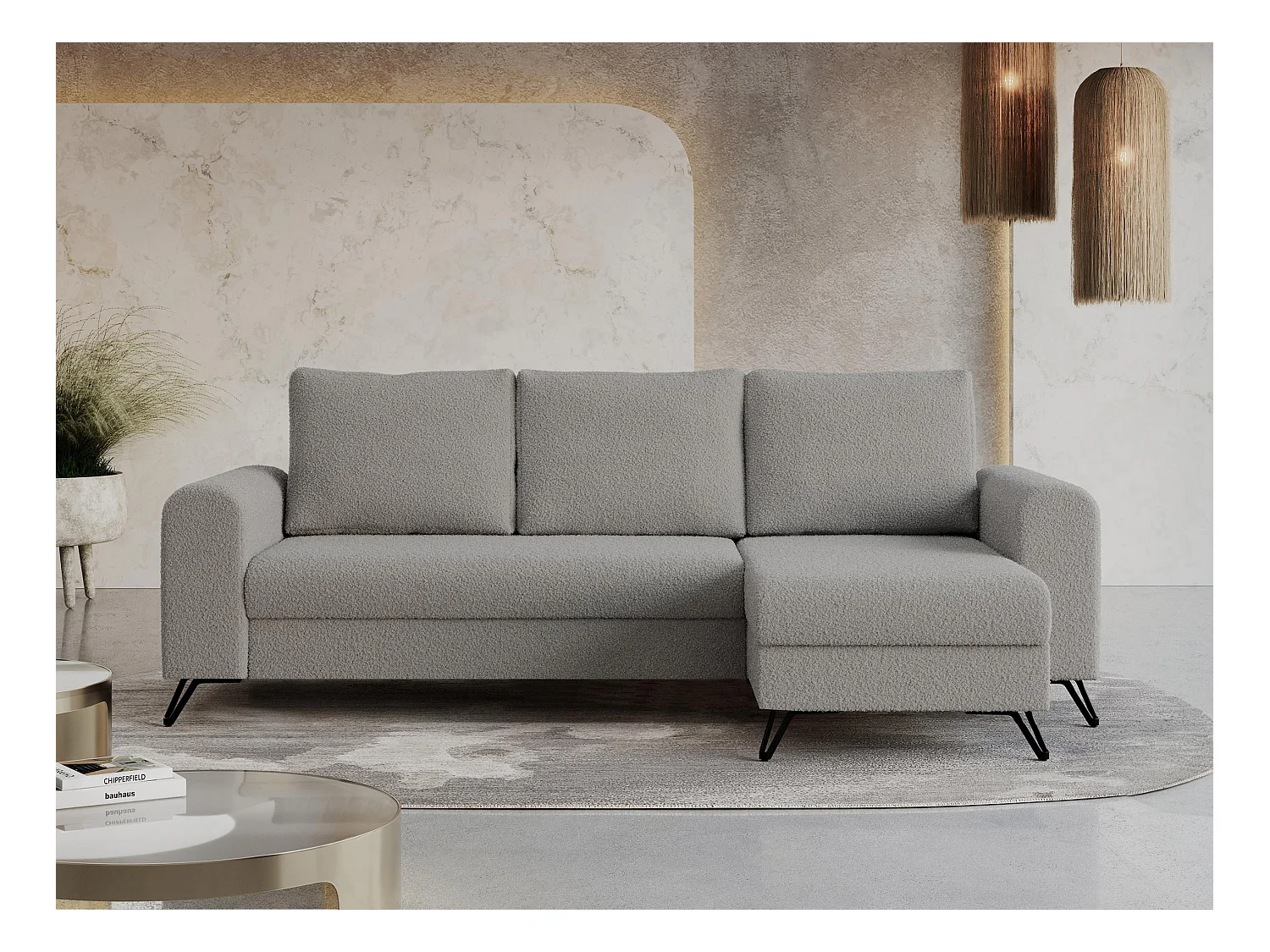 Ecksofa HUGO - L-Form mit Schlaffunktion, lose Kissen - Hellgrau Boucle