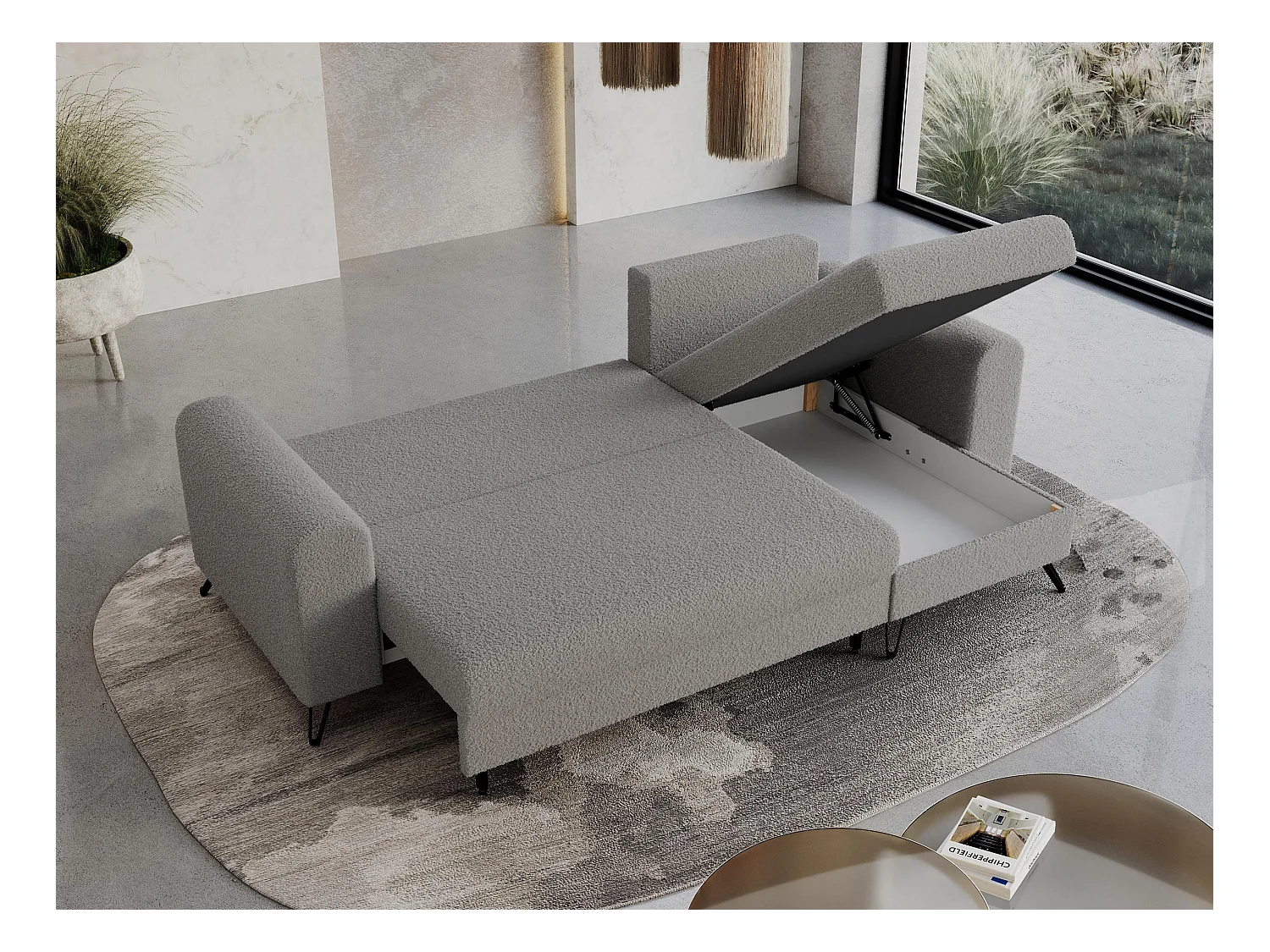 Ecksofa HUGO - L-Form mit Schlaffunktion, lose Kissen - Hellgrau Boucle