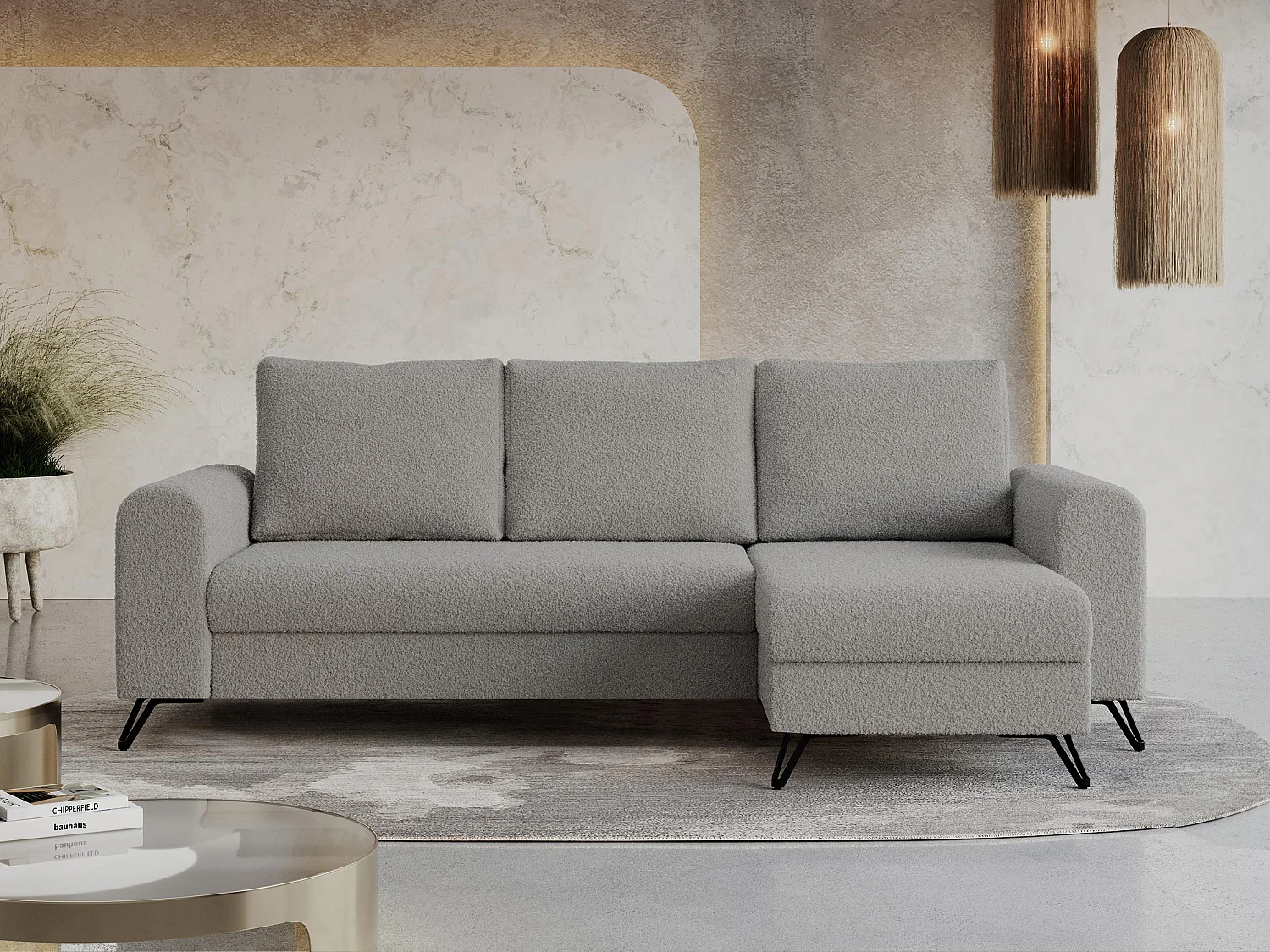 Ecksofa HUGO - L-Form mit Schlaffunktion, lose Kissen - Hellgrau Boucle