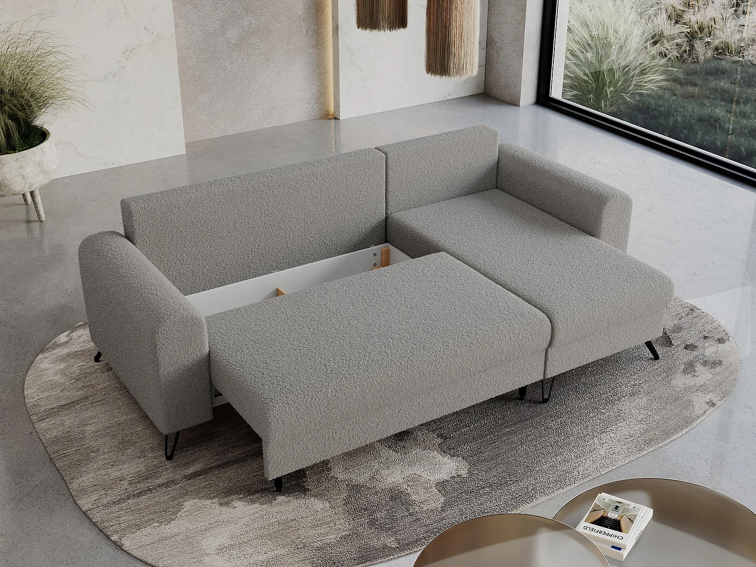 Ecksofa HUGO - L-Form mit Schlaffunktion, lose Kissen - Hellgrau Boucle