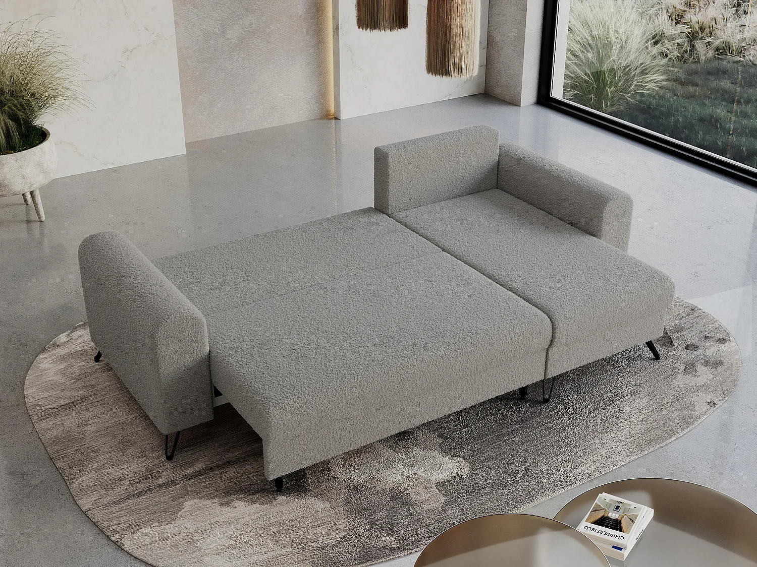 Ecksofa HUGO - L-Form mit Schlaffunktion, lose Kissen - Hellgrau Boucle