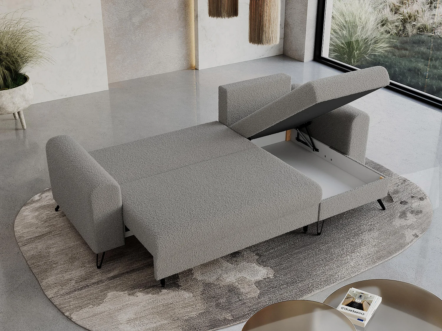 Ecksofa HUGO - L-Form mit Schlaffunktion, lose Kissen - Hellgrau Boucle