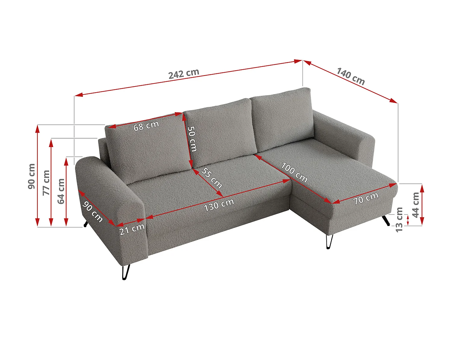 Ecksofa HUGO - L-Form mit Schlaffunktion, lose Kissen - Hellgrau Boucle