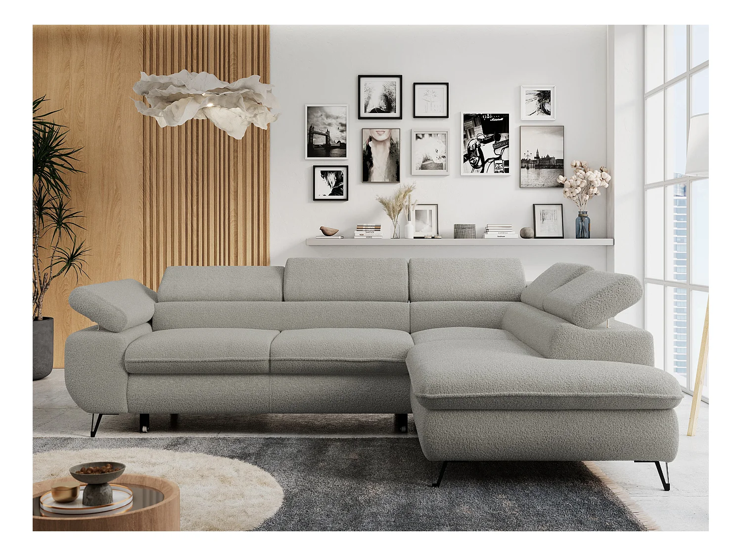 Ecksofa PETER verstellbare Kopfstütze, schlaffunktion - Hellgrau Boucle - Ecke Rechts