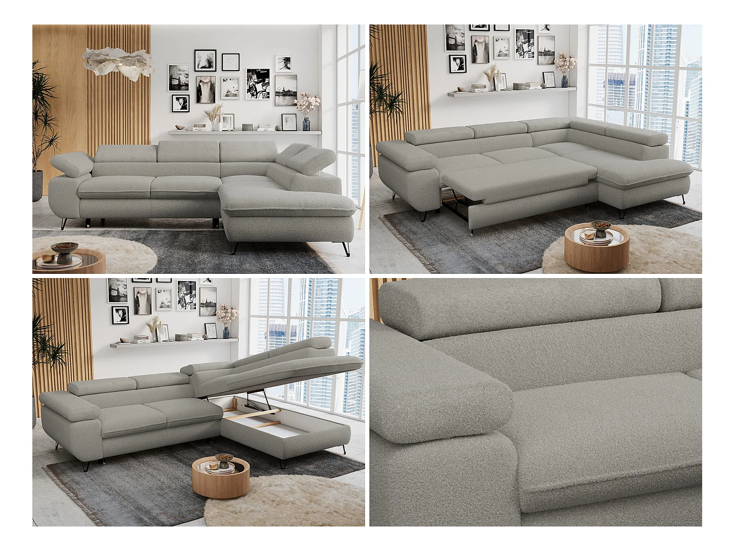 Ecksofa PETER verstellbare Kopfstütze, schlaffunktion - Hellgrau Boucle - Ecke Rechts