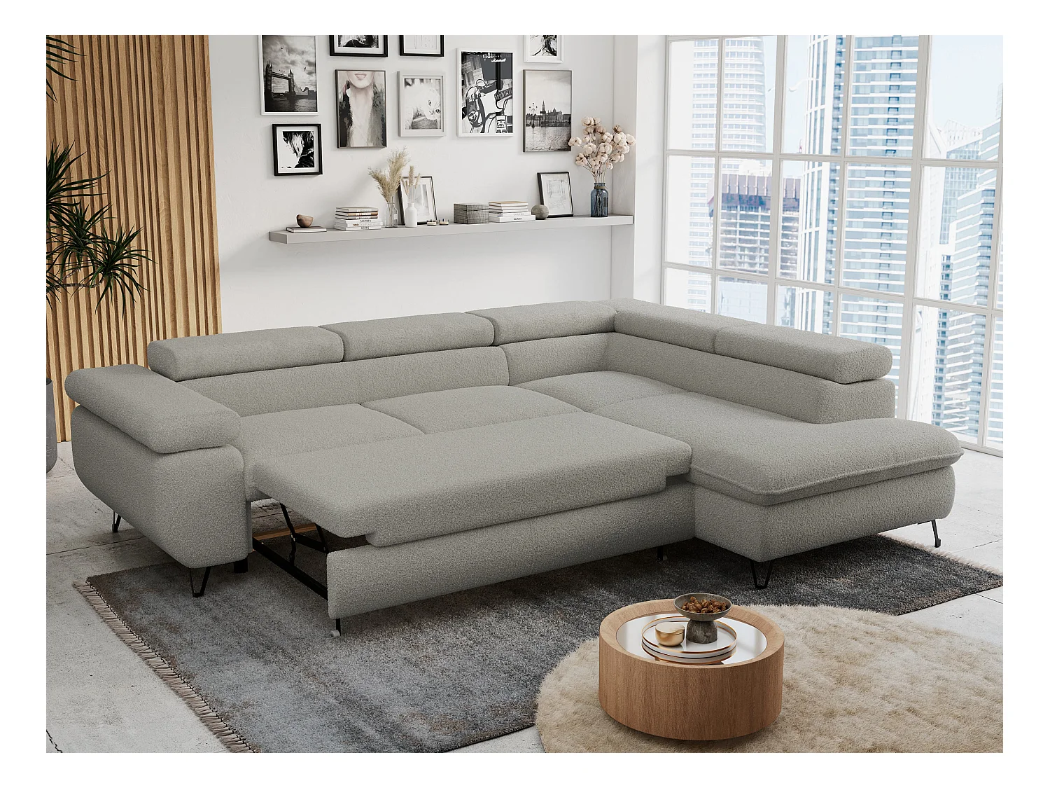 Ecksofa PETER verstellbare Kopfstütze, schlaffunktion - Hellgrau Boucle - Ecke Rechts