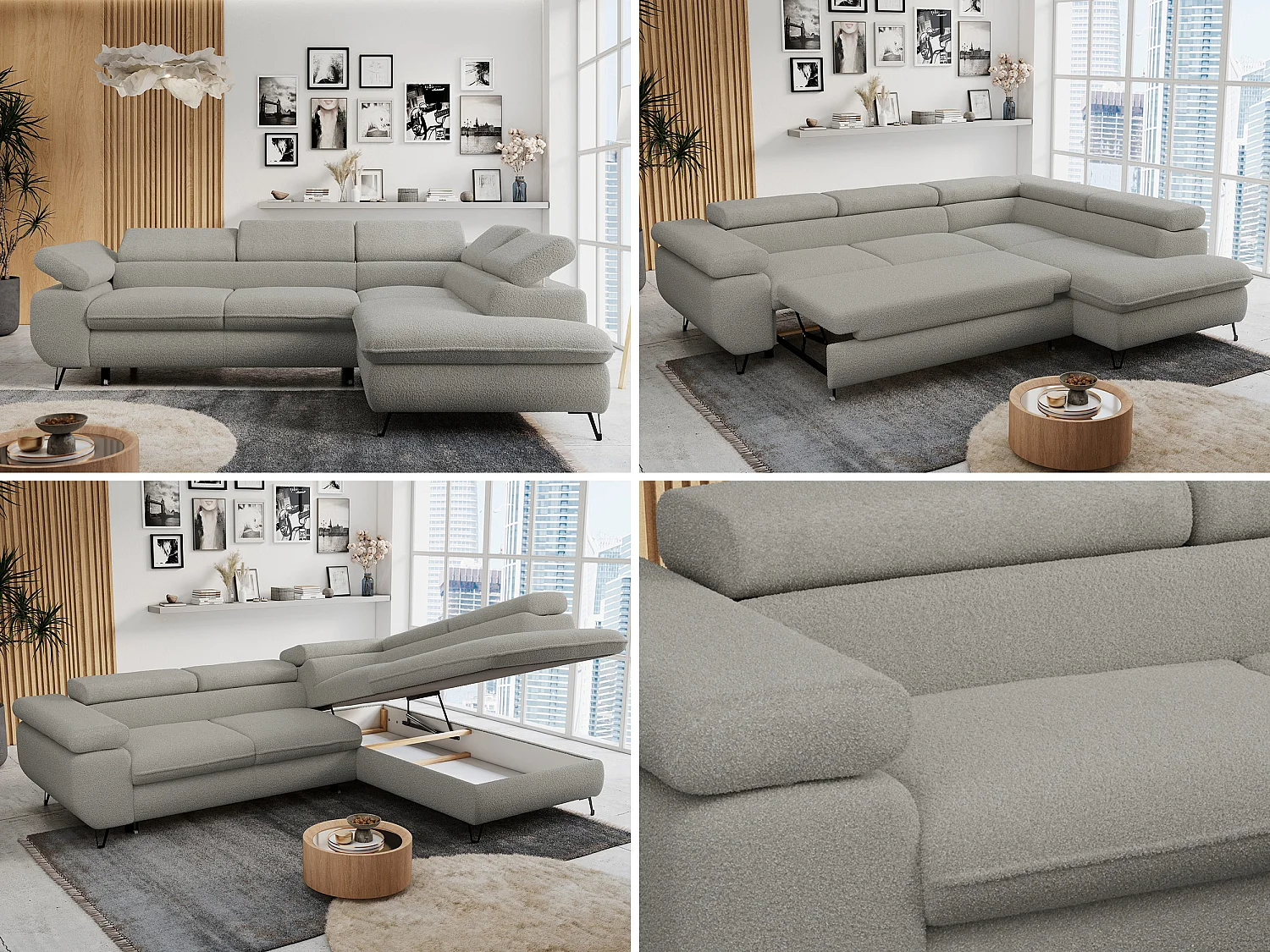 Ecksofa PETER verstellbare Kopfstütze, schlaffunktion - Hellgrau Boucle - Ecke Rechts