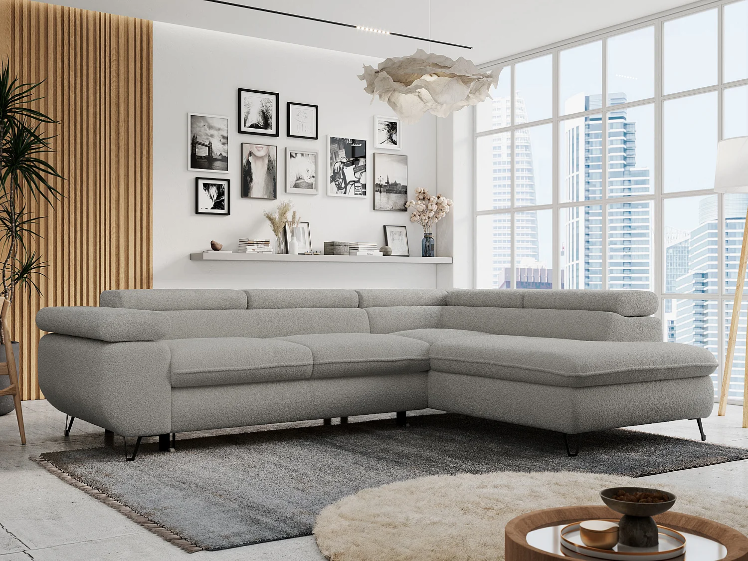 Ecksofa PETER verstellbare Kopfstütze, schlaffunktion - Hellgrau Boucle - Ecke Rechts