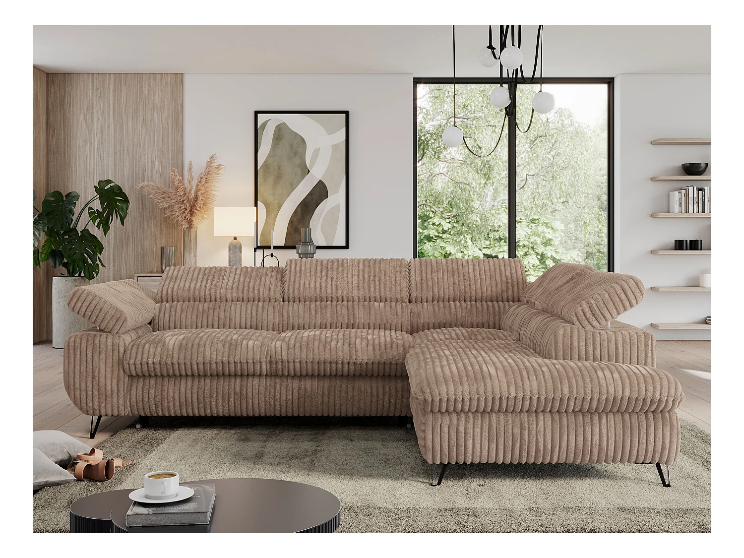 Ecksofa PEDRO - L-Form mit Schlaffunktion 200x125 cm, verstellbaren Kopfstützen - Braun Cord - Ecke Rechts