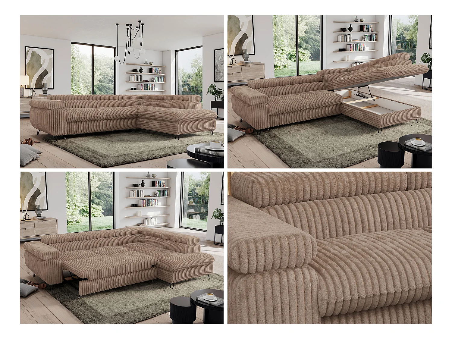 Ecksofa PEDRO - L-Form mit Schlaffunktion 200x125 cm, verstellbaren Kopfstützen - Braun Cord - Ecke Rechts