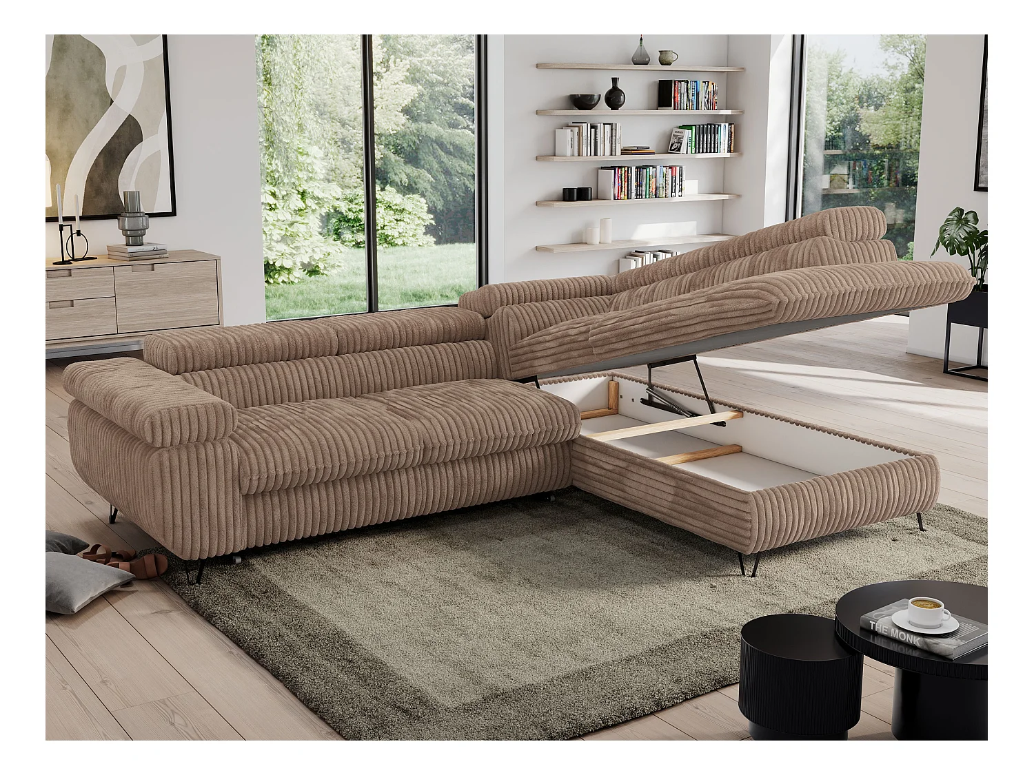 Ecksofa PEDRO - L-Form mit Schlaffunktion 200x125 cm, verstellbaren Kopfstützen - Braun Cord - Ecke Rechts