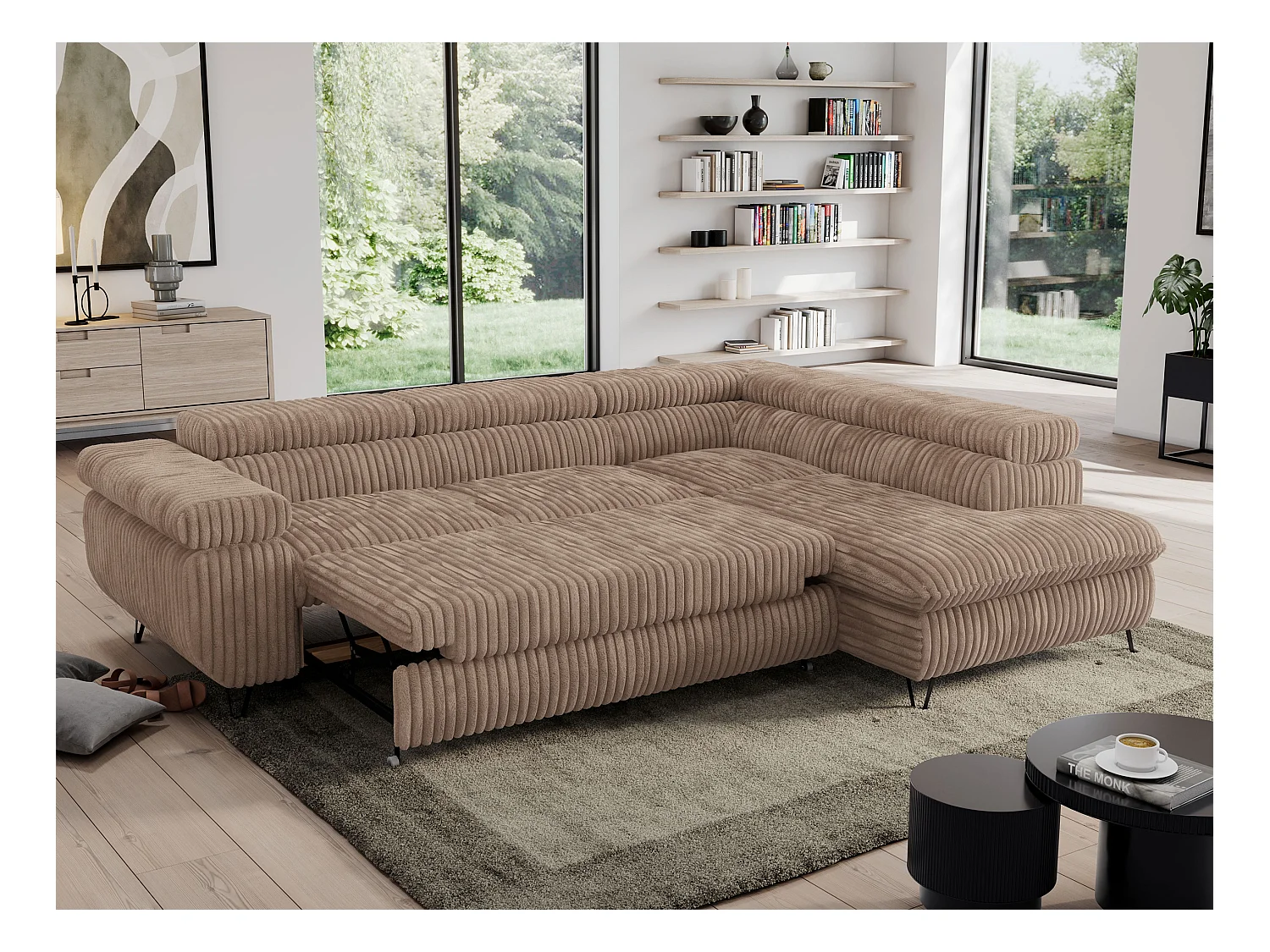 Ecksofa PEDRO - L-Form mit Schlaffunktion 200x125 cm, verstellbaren Kopfstützen - Braun Cord - Ecke Rechts