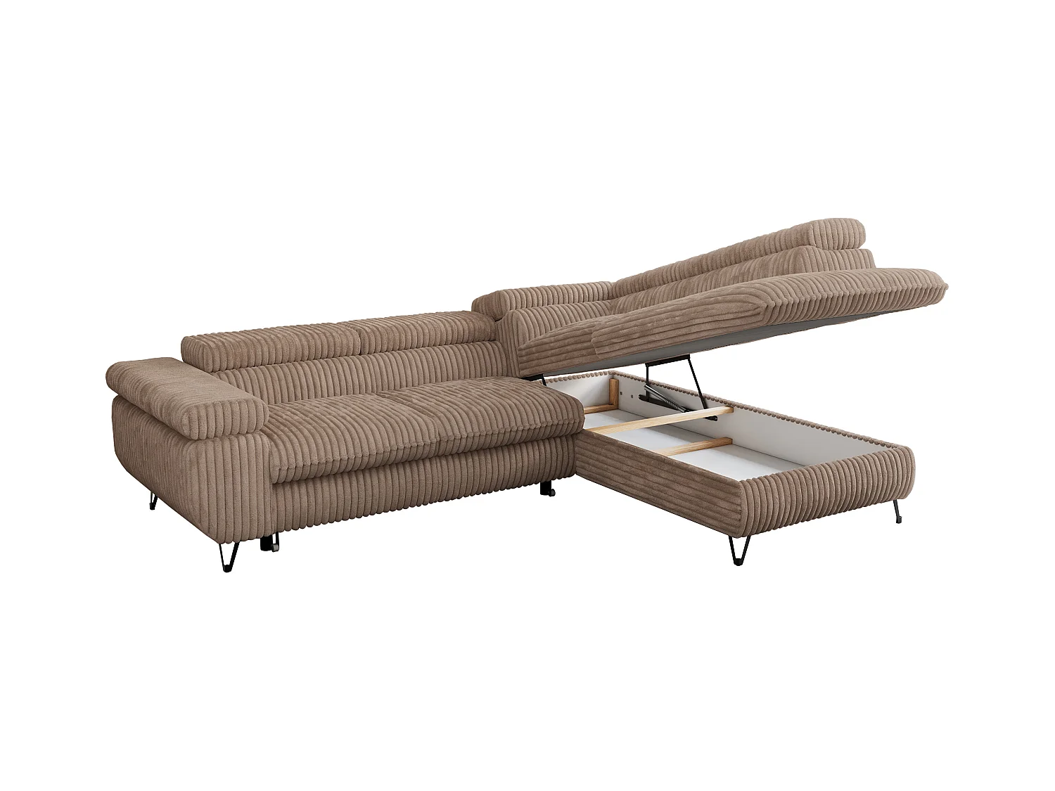 Ecksofa PEDRO - L-Form mit Schlaffunktion 200x125 cm, verstellbaren Kopfstützen - Braun Cord - Ecke Rechts