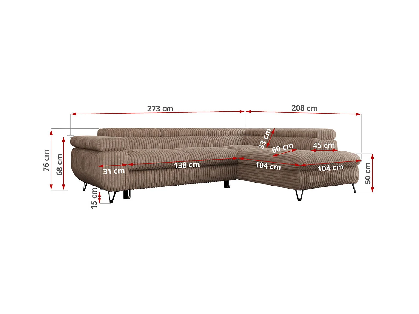 Ecksofa PEDRO - L-Form mit Schlaffunktion 200x125 cm, verstellbaren Kopfstützen - Braun Cord - Ecke Rechts