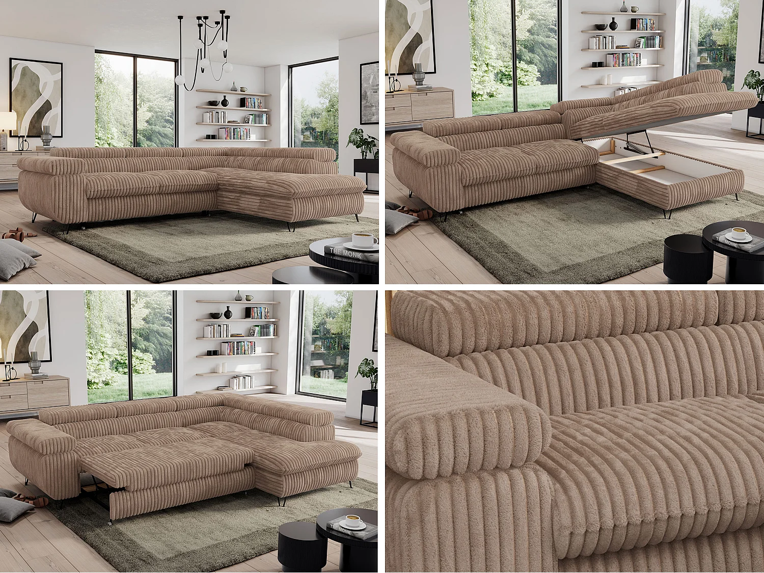 Ecksofa PEDRO - L-Form mit Schlaffunktion 200x125 cm, verstellbaren Kopfstützen - Braun Cord - Ecke Rechts