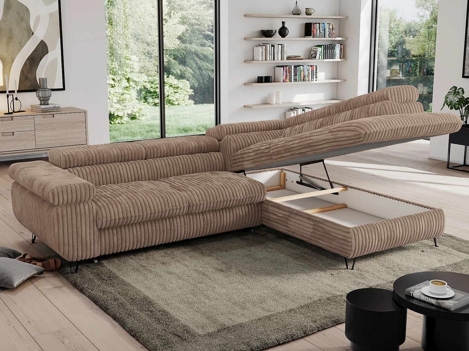 Ecksofa PEDRO - L-Form mit Schlaffunktion 200x125 cm, verstellbaren Kopfstützen - Braun Cord - Ecke Rechts