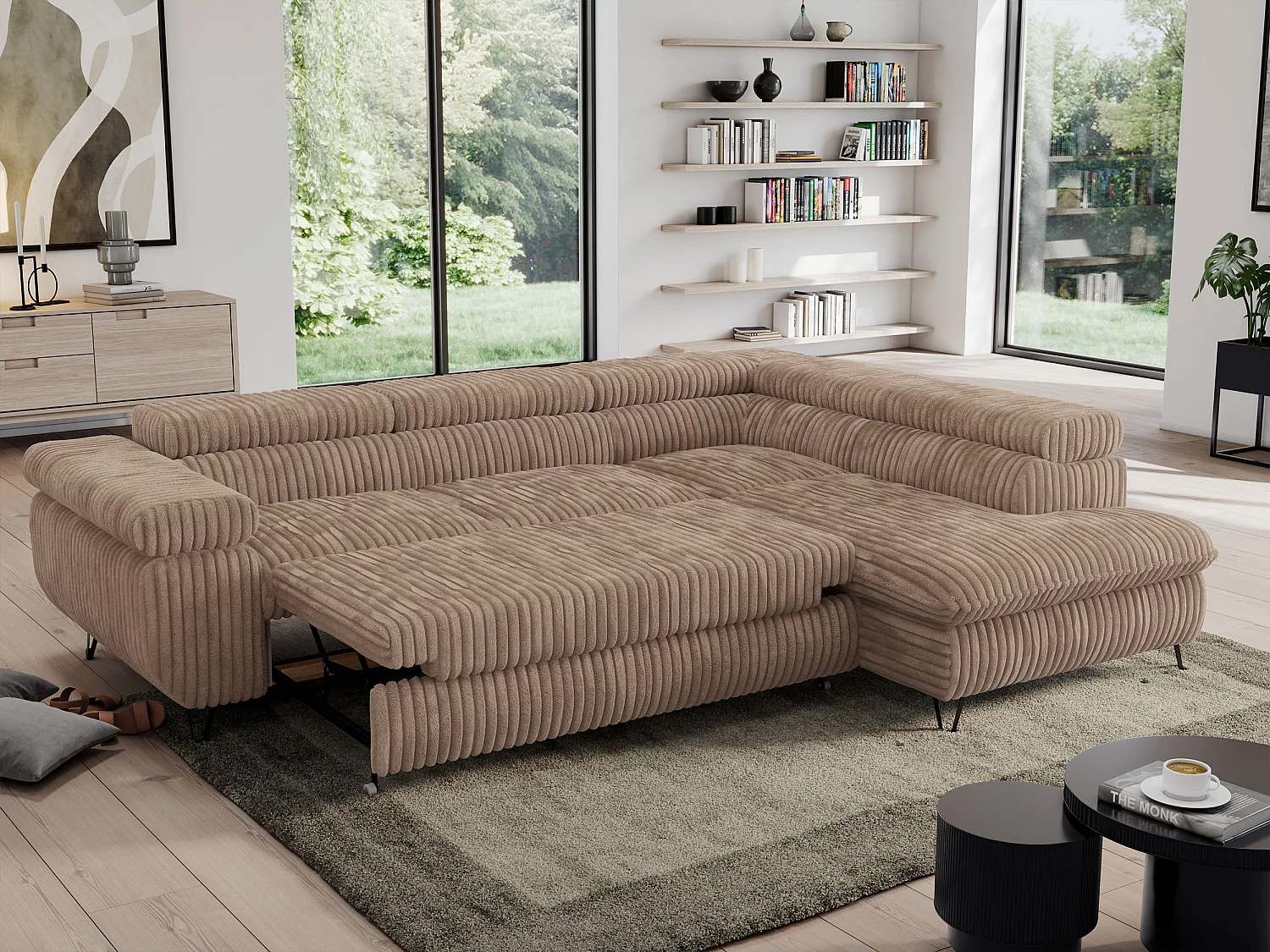 Ecksofa PEDRO - L-Form mit Schlaffunktion 200x125 cm, verstellbaren Kopfstützen - Braun Cord - Ecke Rechts