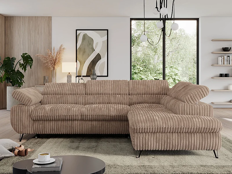 Ecksofa PEDRO - L-Form mit Schlaffunktion 200x125 cm, verstellbaren Kopfstützen - Braun Cord - Ecke Rechts