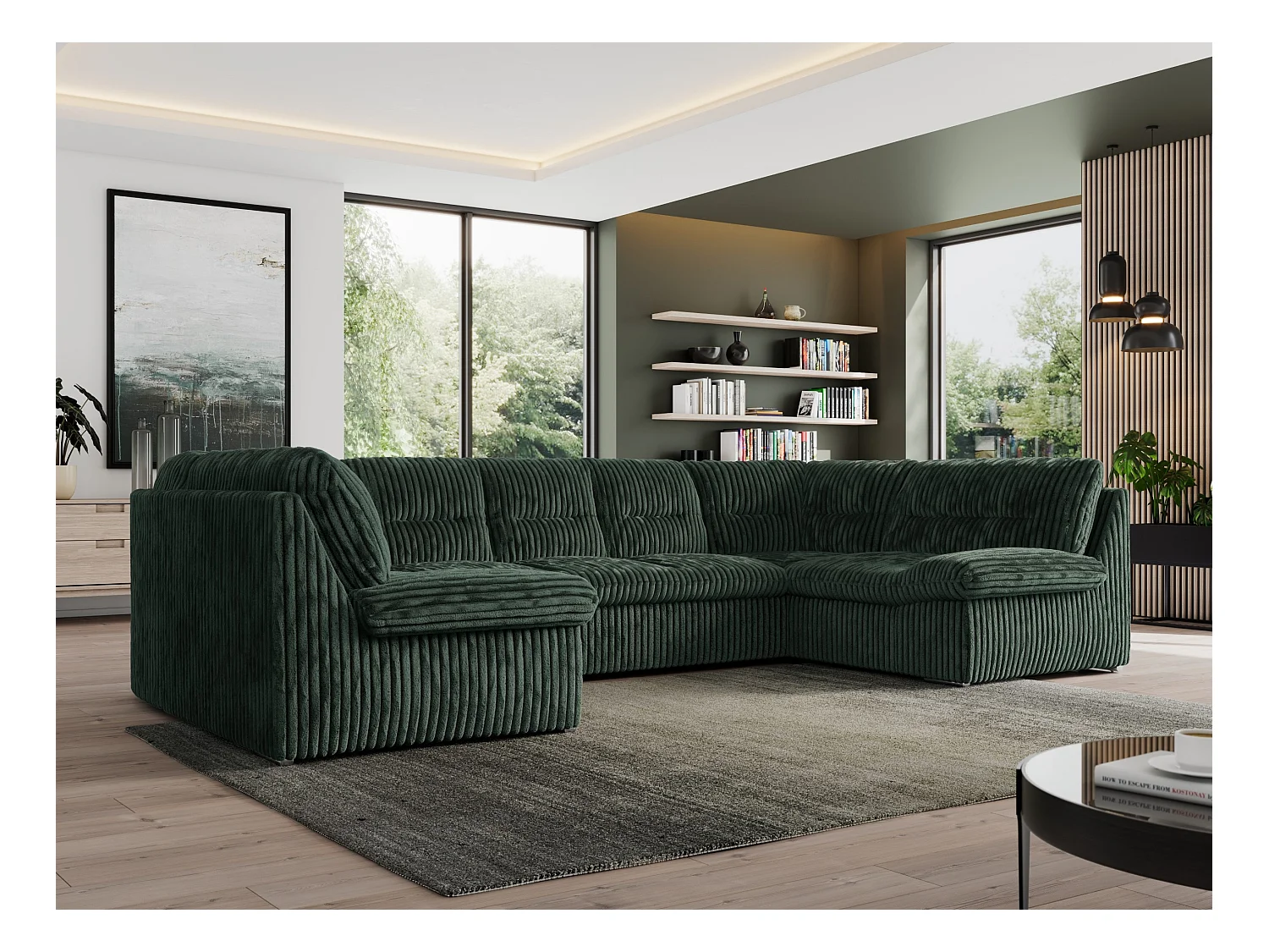 Ecksofa MORBIDO U, XXL Wohnlandschaft mit schlaffunktion - Grün Cord