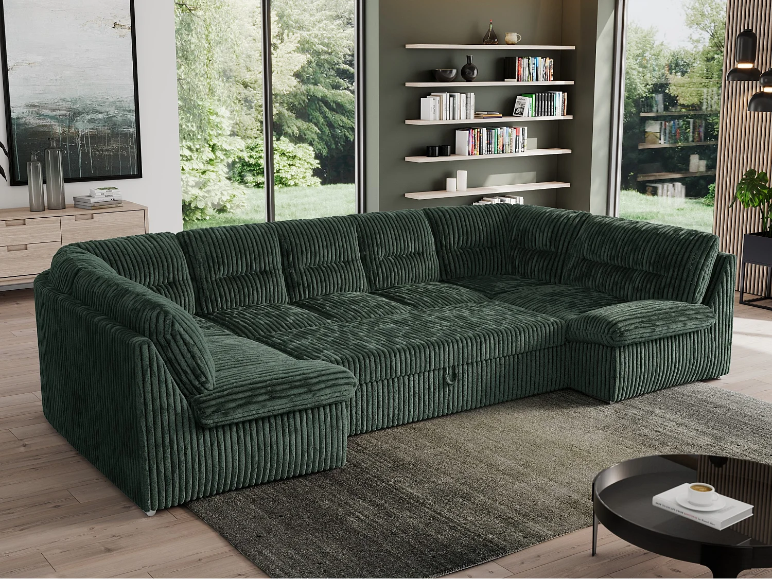 Ecksofa MORBIDO U, XXL Wohnlandschaft mit schlaffunktion - Grün Cord