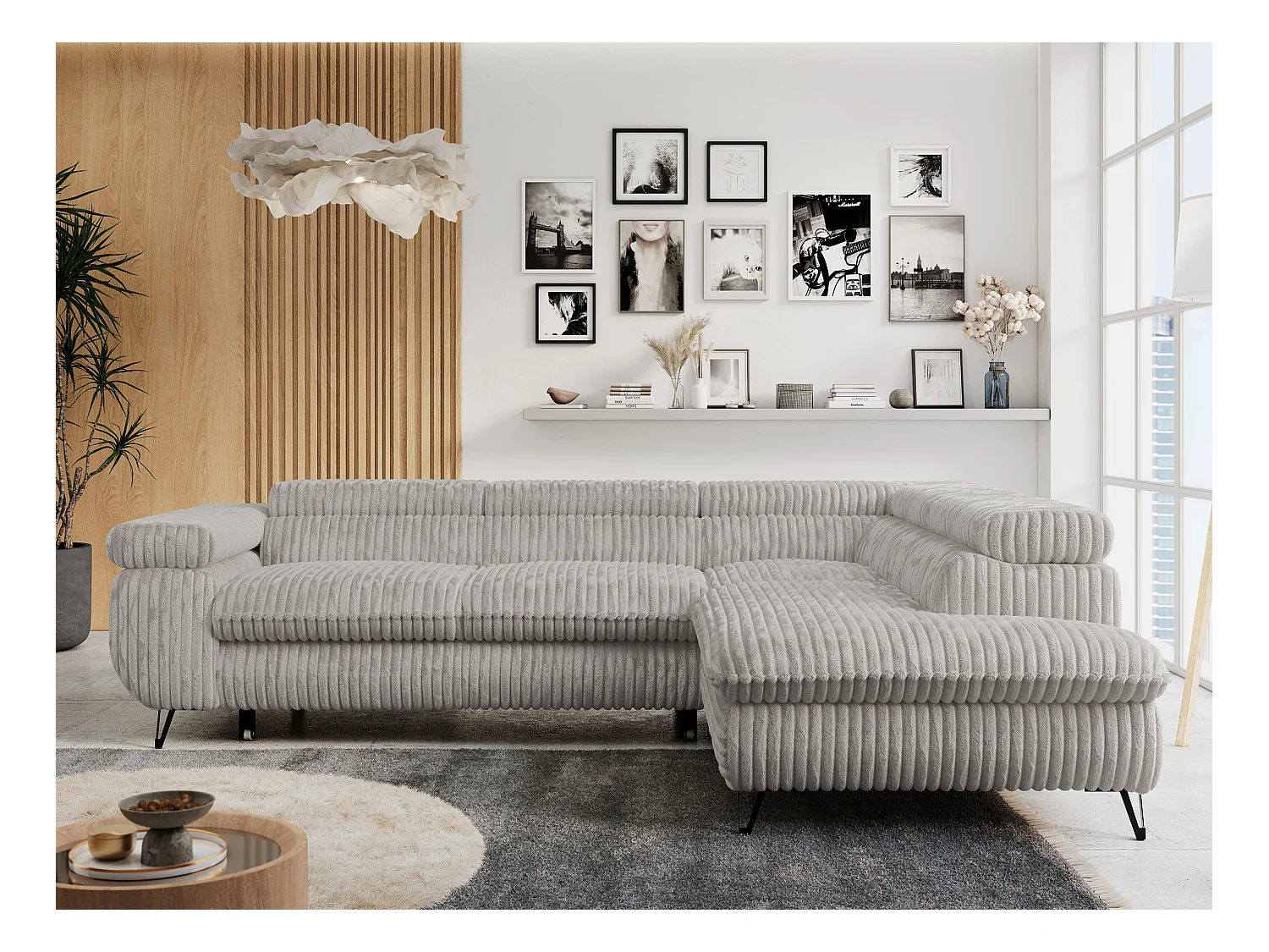 Ecksofa PETER verstellbare Kopfstütze, schlaffunktion - Hellgrau Cord - Ecke Rechts