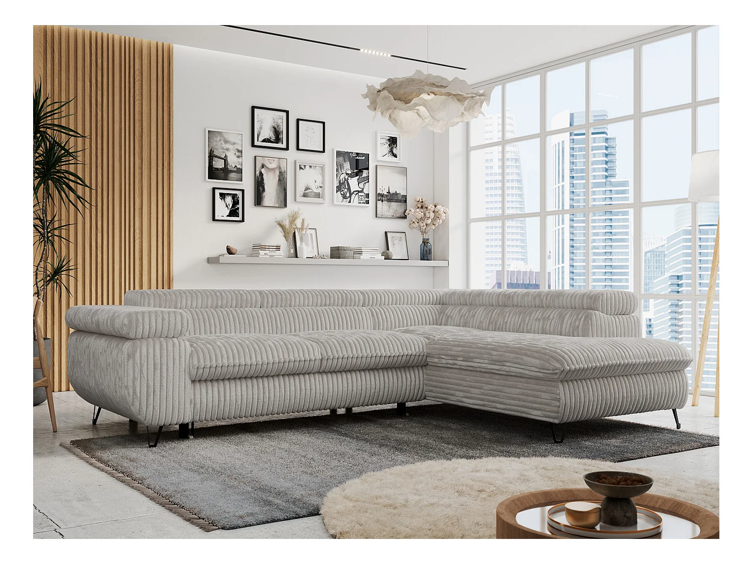 Ecksofa PETER verstellbare Kopfstütze, schlaffunktion - Hellgrau Cord - Ecke Rechts