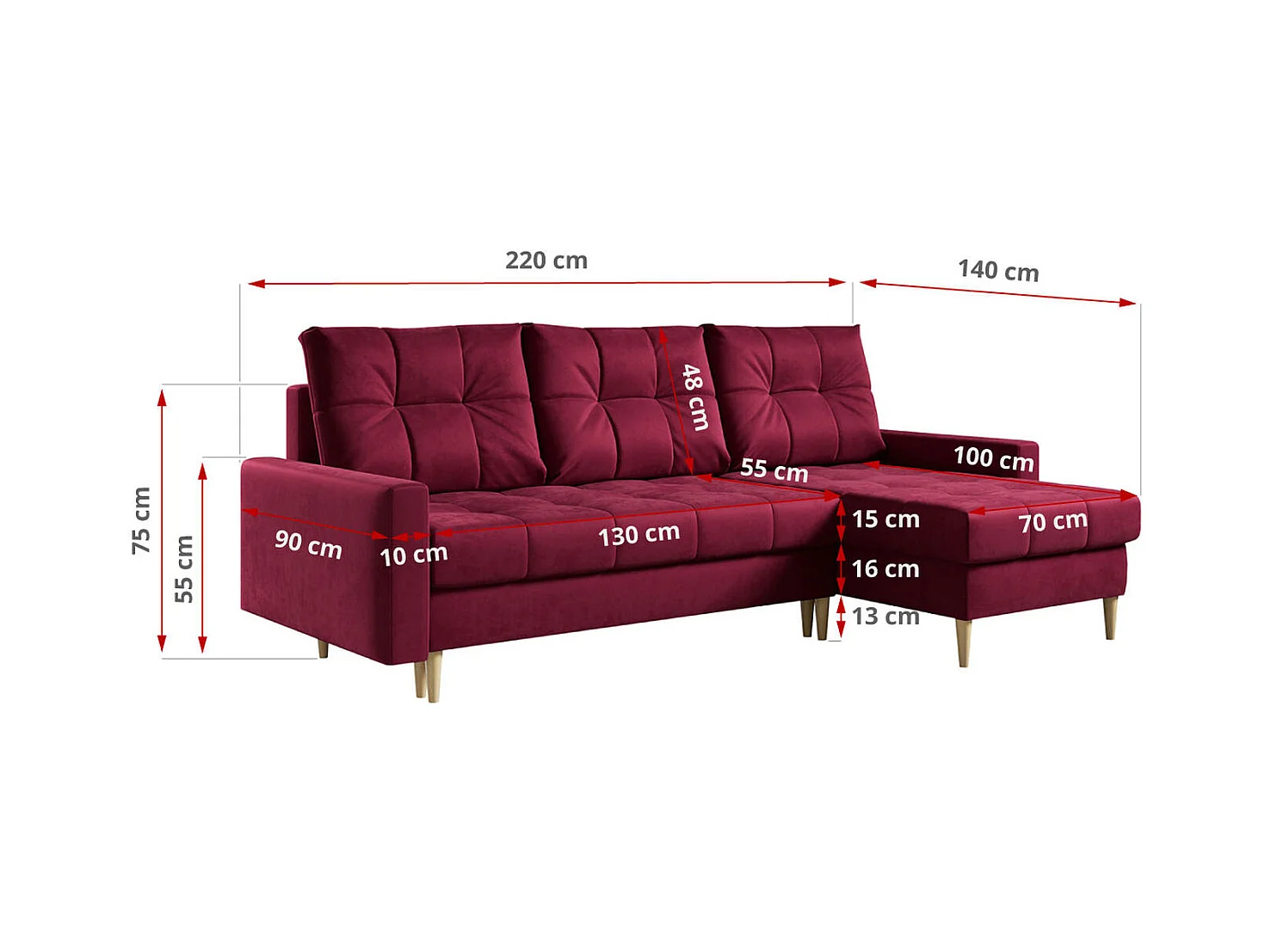 Ecksofa ASTRA - skandinavisch L-förmige Ecke, schlaffunktion - Rot Velvet