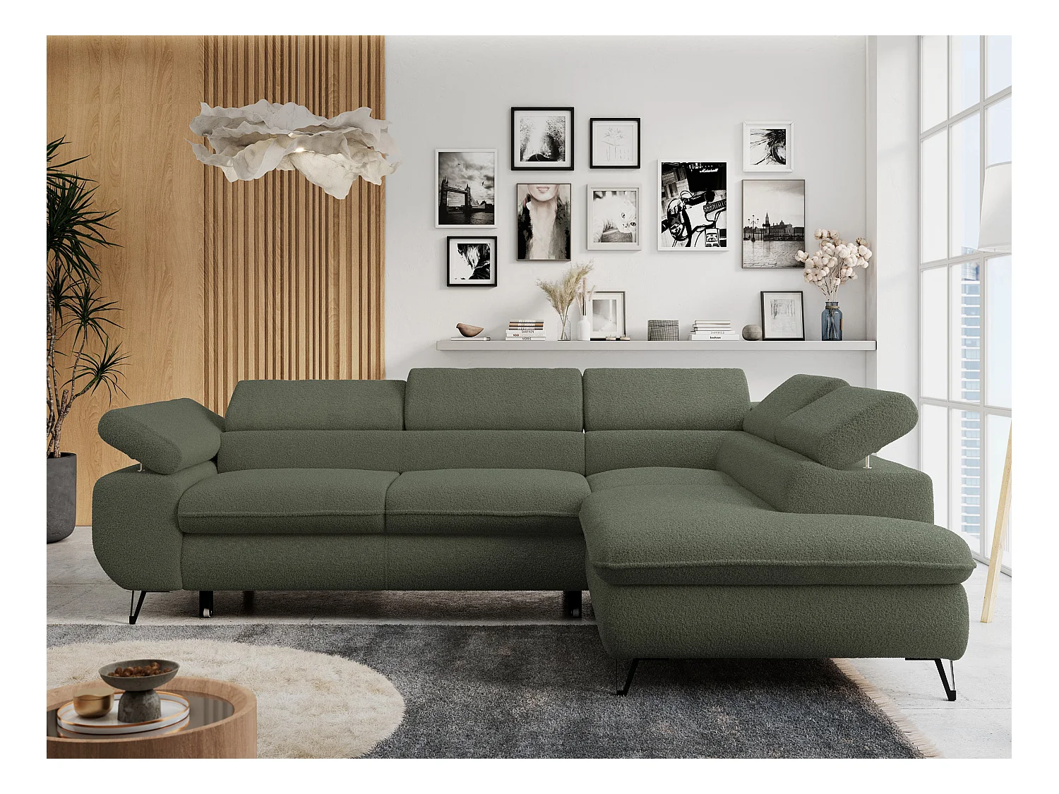 Ecksofa PETER verstellbare Kopfstütze, schlaffunktion - Grün Boucle - Ecke Rechts