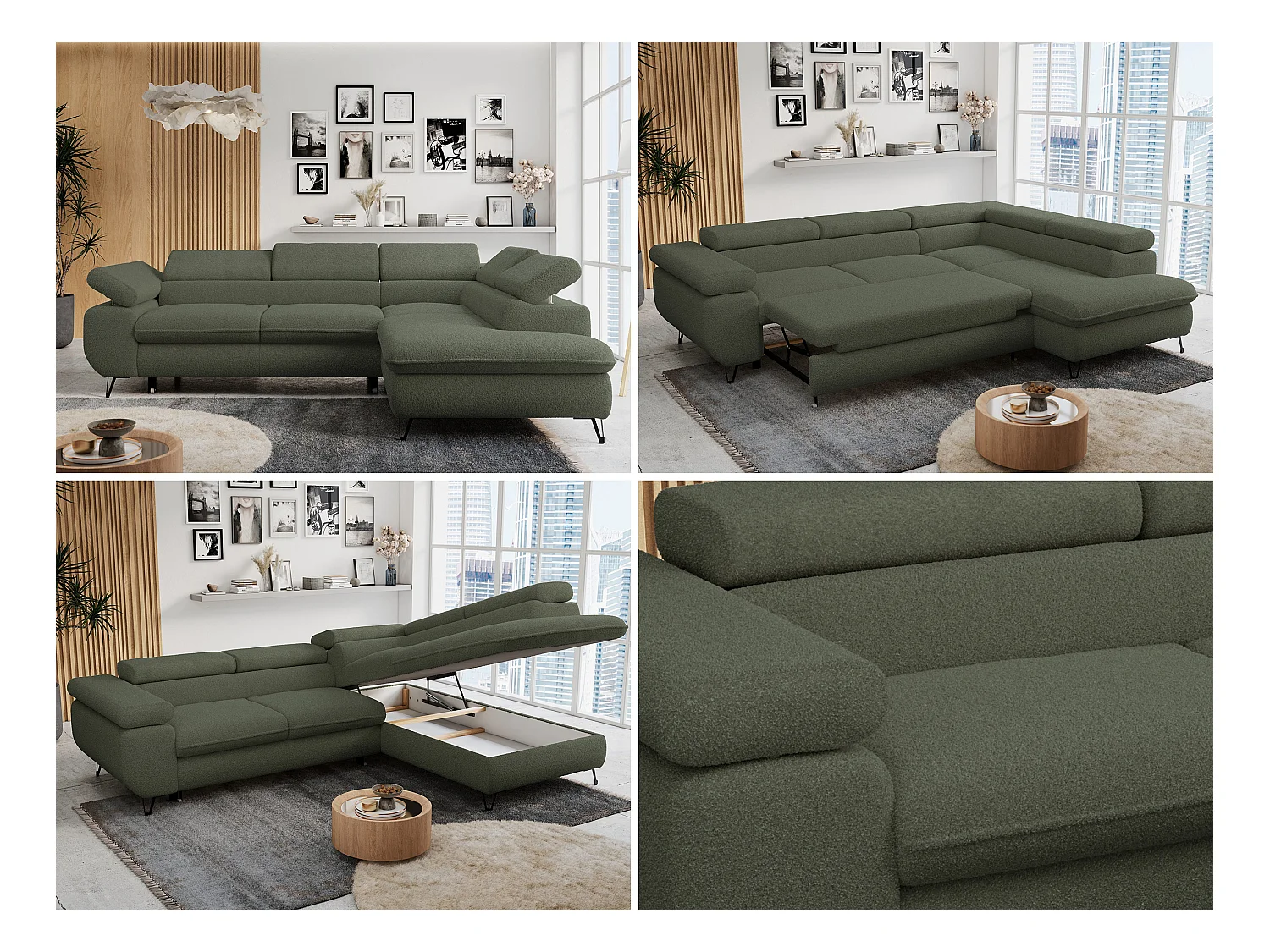 Ecksofa PETER verstellbare Kopfstütze, schlaffunktion - Grün Boucle - Ecke Rechts