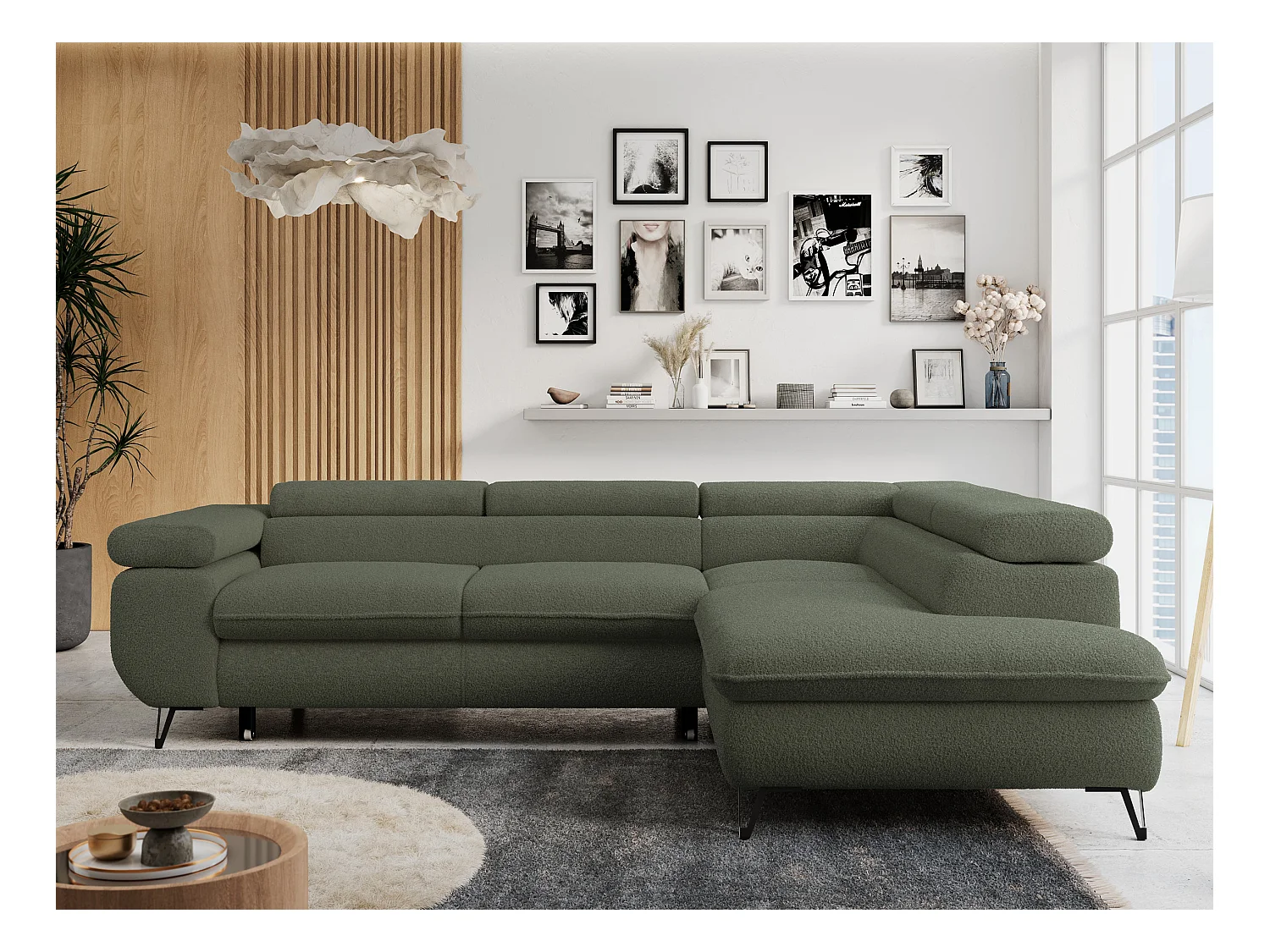 Ecksofa PETER verstellbare Kopfstütze, schlaffunktion - Grün Boucle - Ecke Rechts