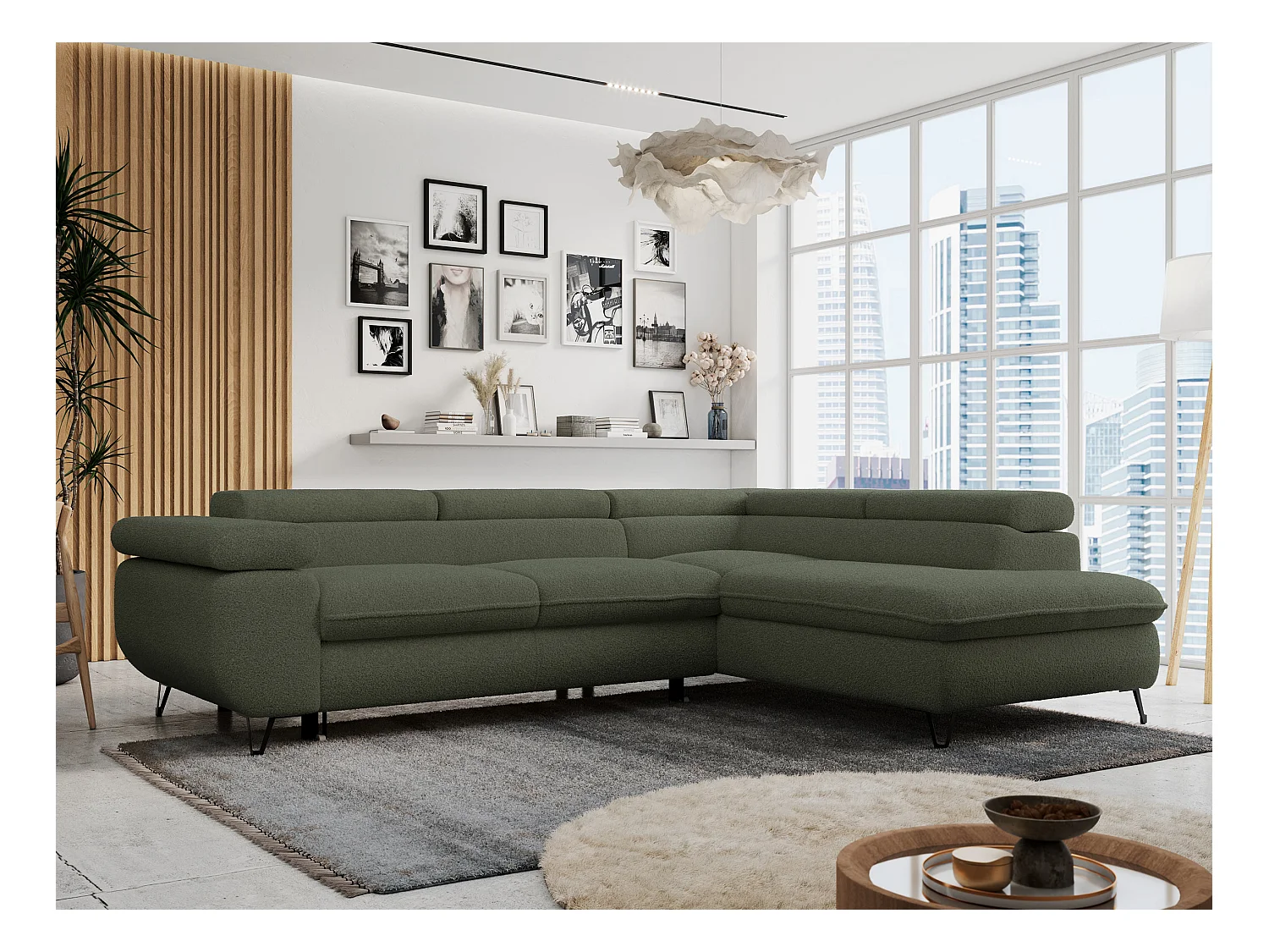 Ecksofa PETER verstellbare Kopfstütze, schlaffunktion - Grün Boucle - Ecke Rechts