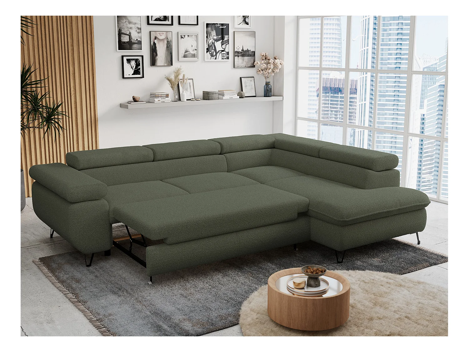 Ecksofa PETER verstellbare Kopfstütze, schlaffunktion - Grün Boucle - Ecke Rechts