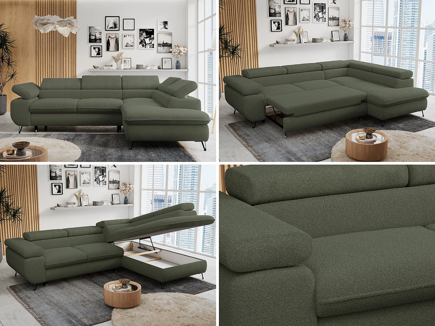 Ecksofa PETER verstellbare Kopfstütze, schlaffunktion - Grün Boucle - Ecke Rechts