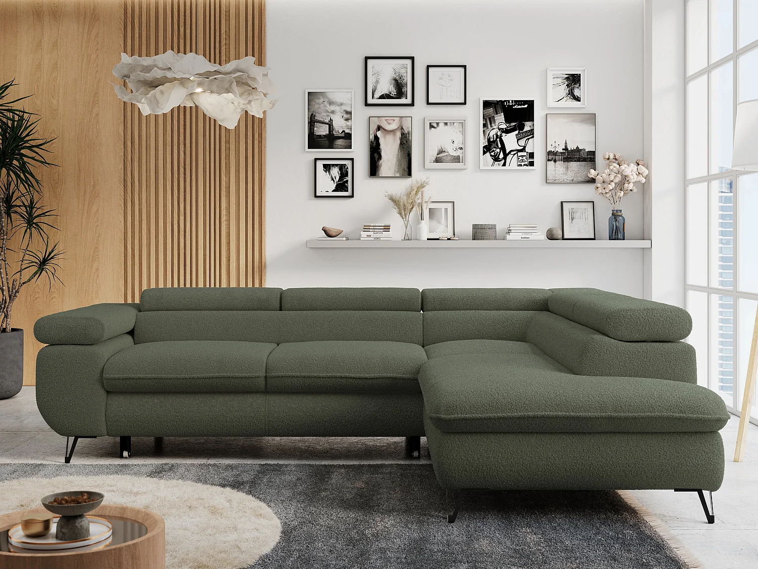 Ecksofa PETER verstellbare Kopfstütze, schlaffunktion - Grün Boucle - Ecke Rechts