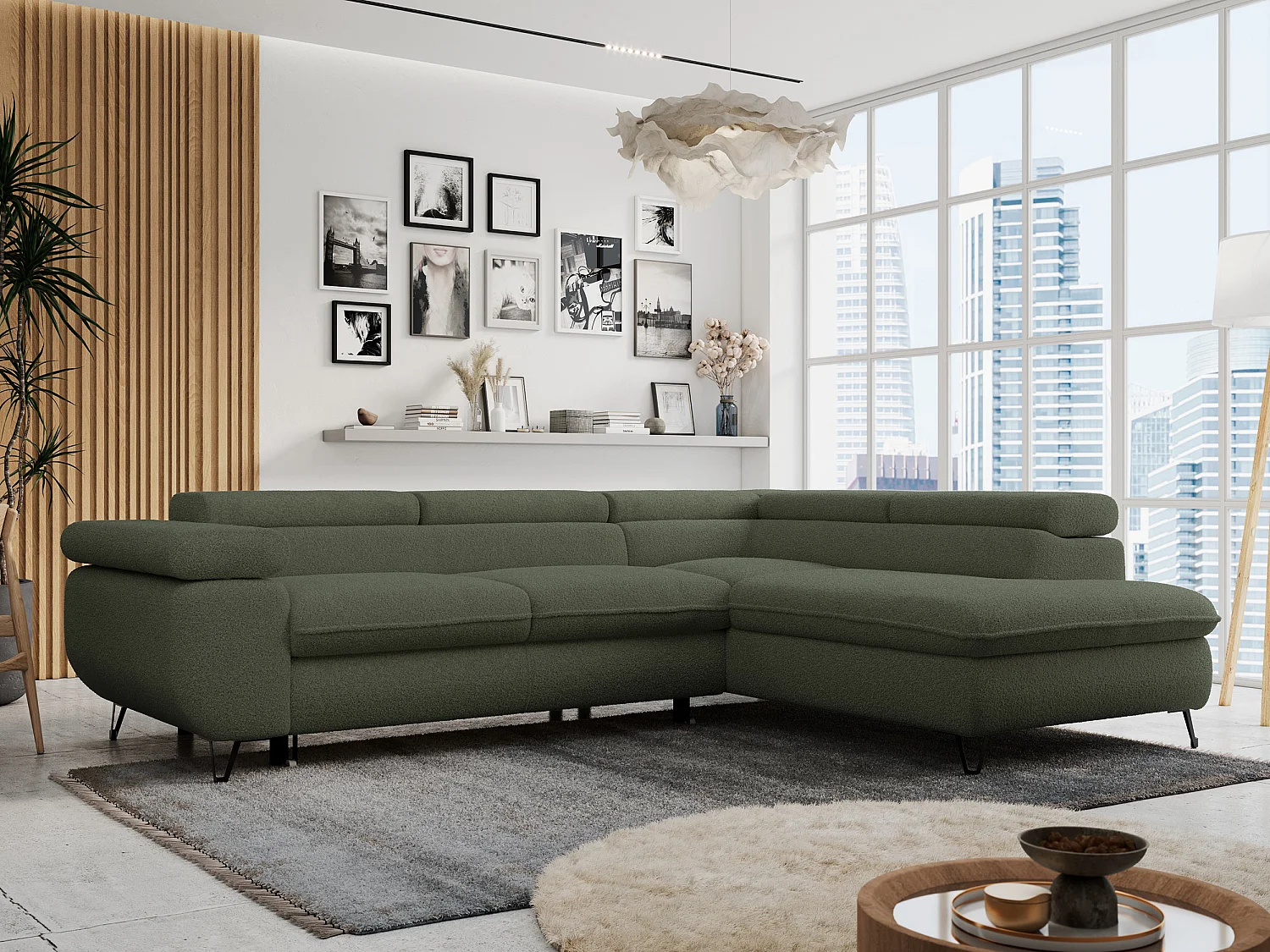 Ecksofa PETER verstellbare Kopfstütze, schlaffunktion - Grün Boucle - Ecke Rechts