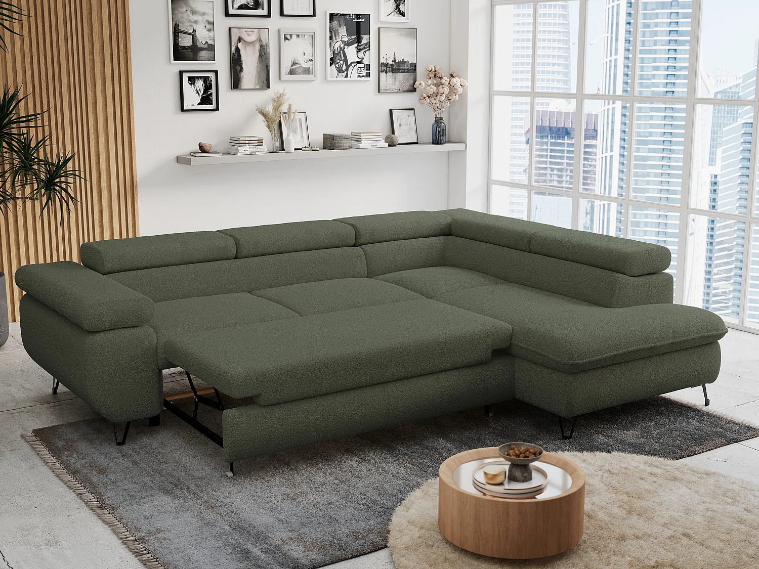 Ecksofa PETER verstellbare Kopfstütze, schlaffunktion - Grün Boucle - Ecke Rechts