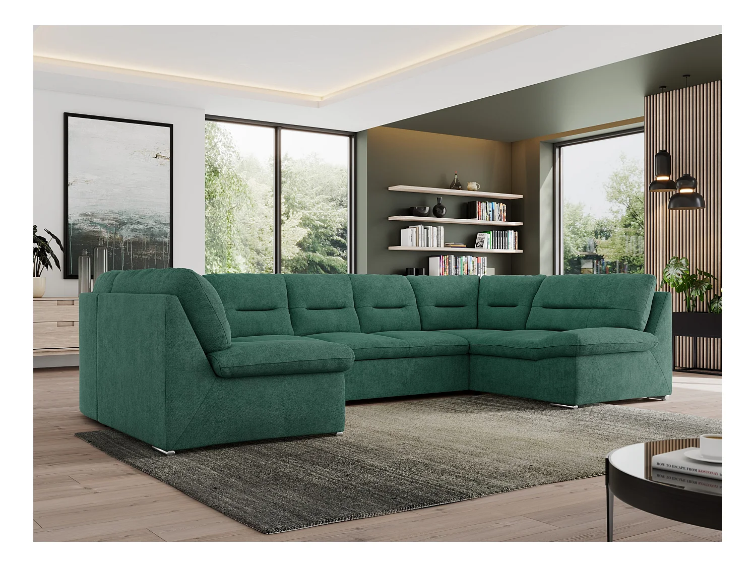 Ecksofa MORBIDO U, XXL Wohnlandschaft mit schlaffunktion - Grün Stukture