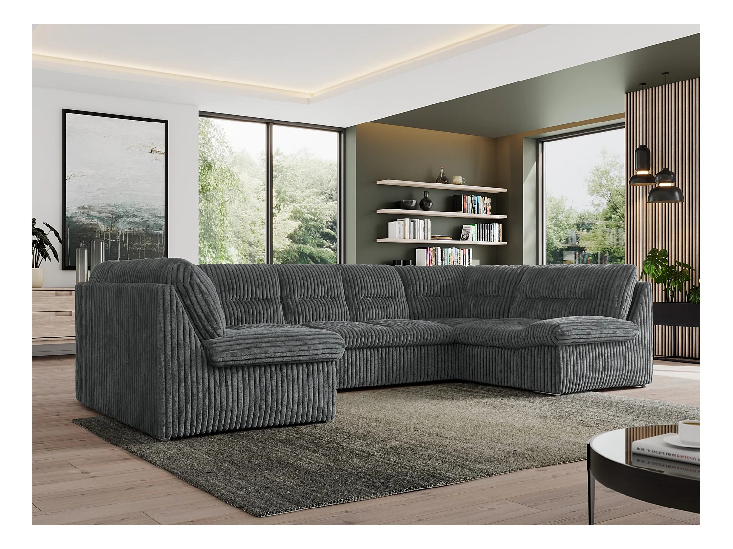 Ecksofa MORBIDO U, XXL Wohnlandschaft mit schlaffunktion - Dunkelgrau Cord