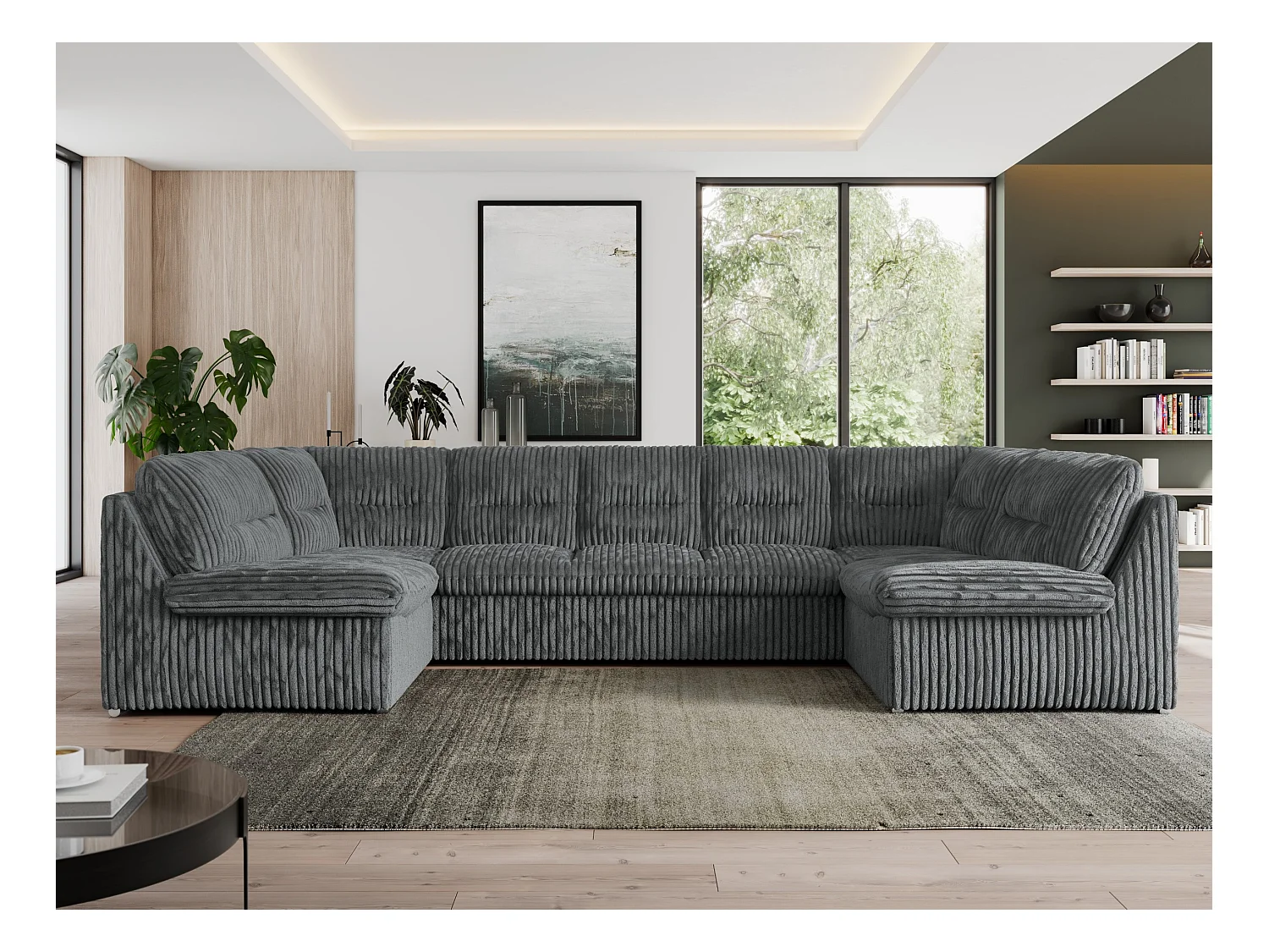 Ecksofa MORBIDO U, XXL Wohnlandschaft mit schlaffunktion - Dunkelgrau Cord